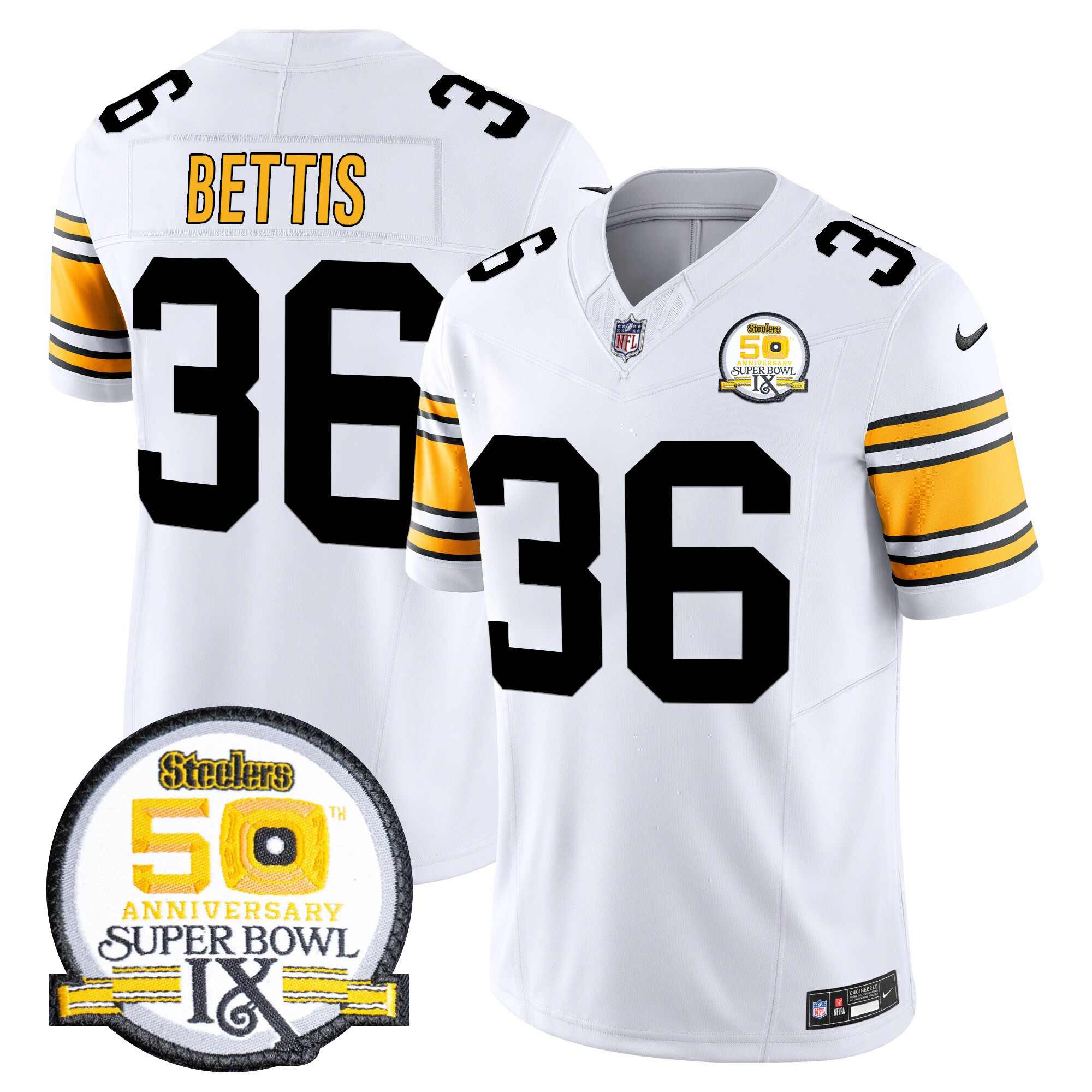 Jerome Bettis Men's Pittsburgh Steelers 50th Anniversary Of Super Bowl IX Patch Vapor Limited 1975 White Jersey - All Stitched