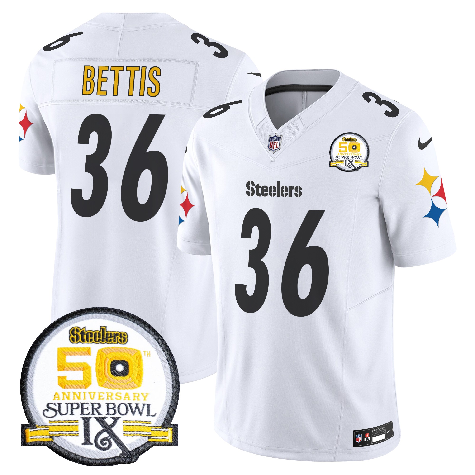 Jerome Bettis Men's Pittsburgh Steelers 50th Anniversary Of Super Bowl IX Patch Vapor Limited White Jersey - All Stitched