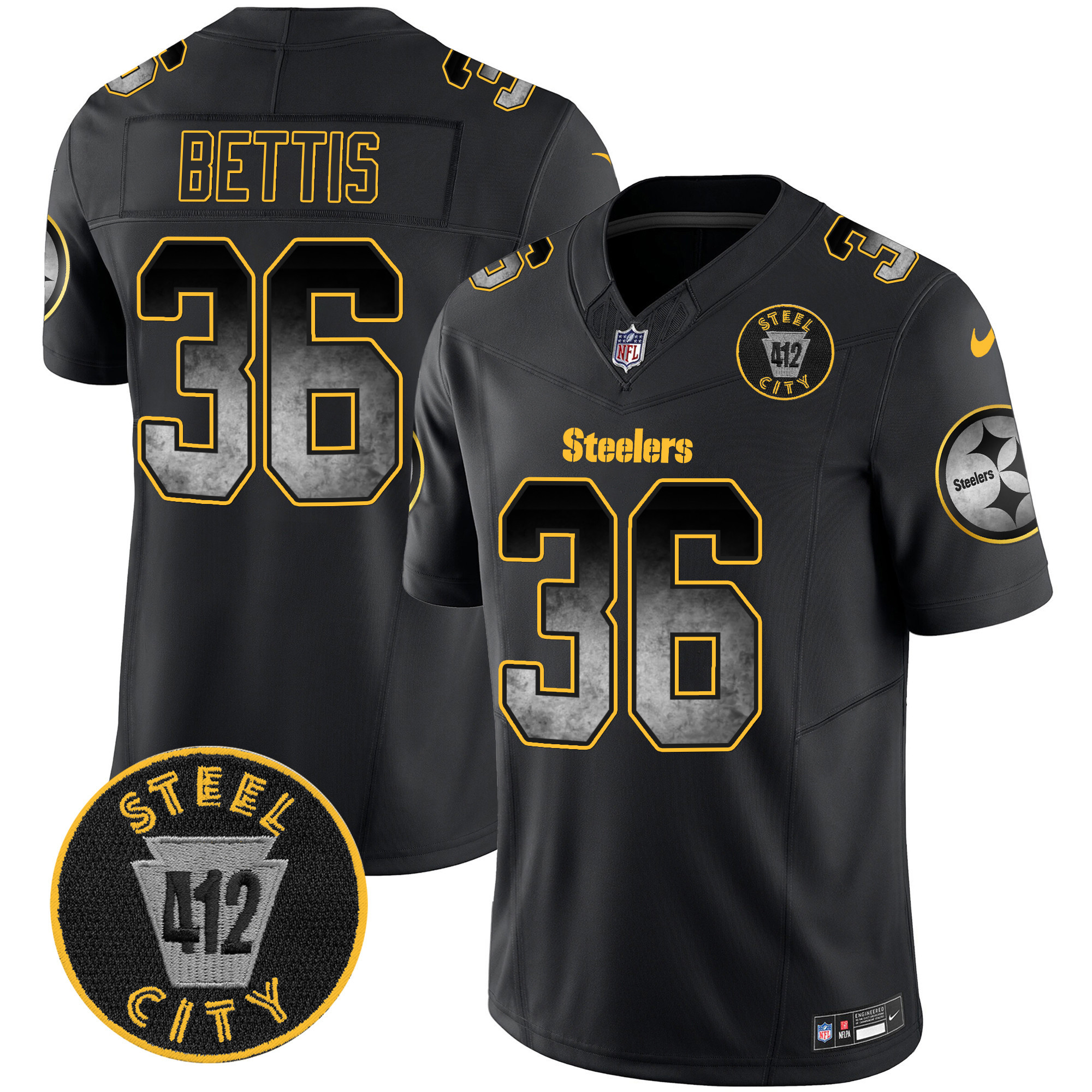 Jerome Bettis Men's Pittsburgh Steelers Arch Smoke 412 Patch Vapor Limited Black Jersey - All Stitched