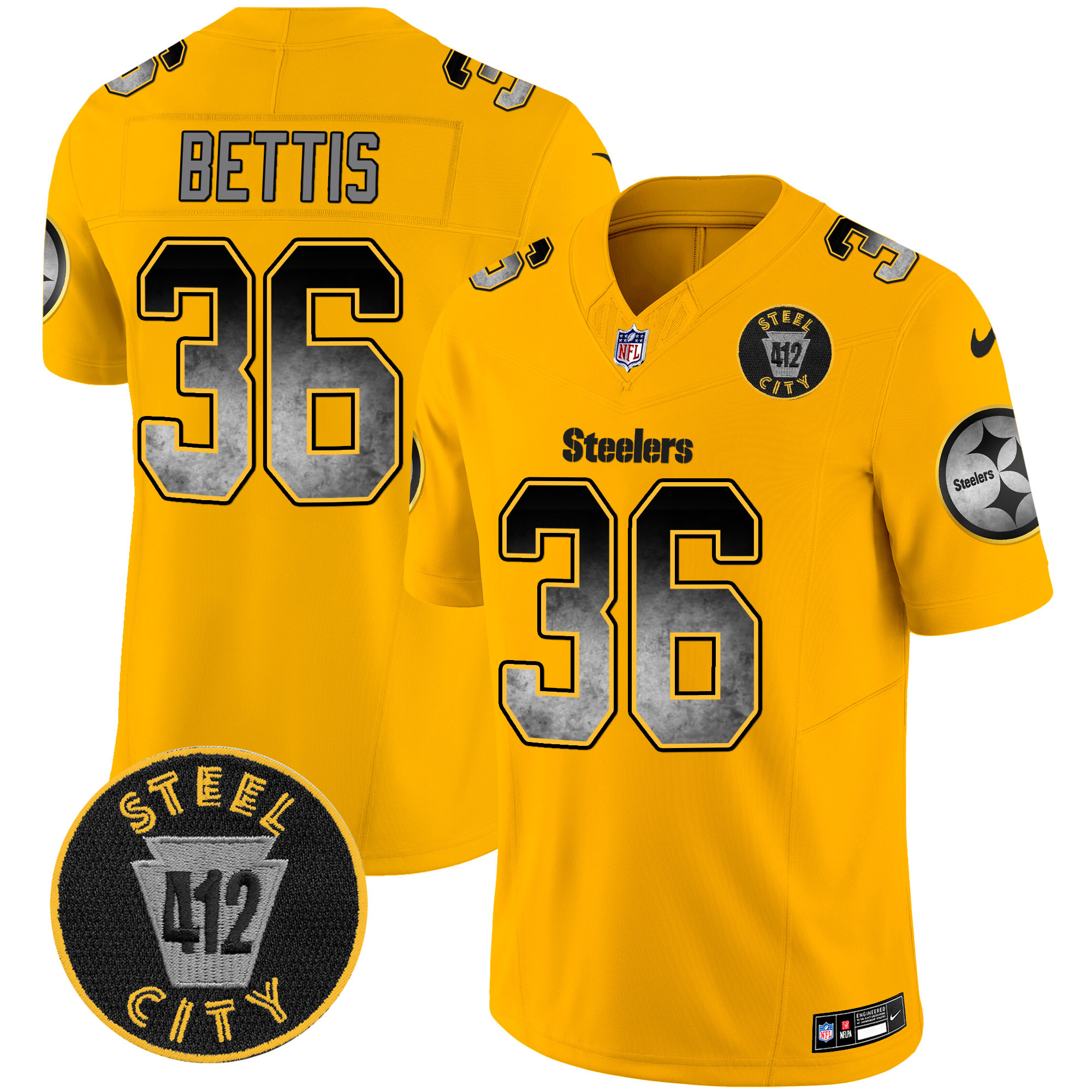 Jerome Bettis Men's Pittsburgh Steelers Arch Smoke 412 Patch Vapor Limited Gold Jersey - All Stitched
