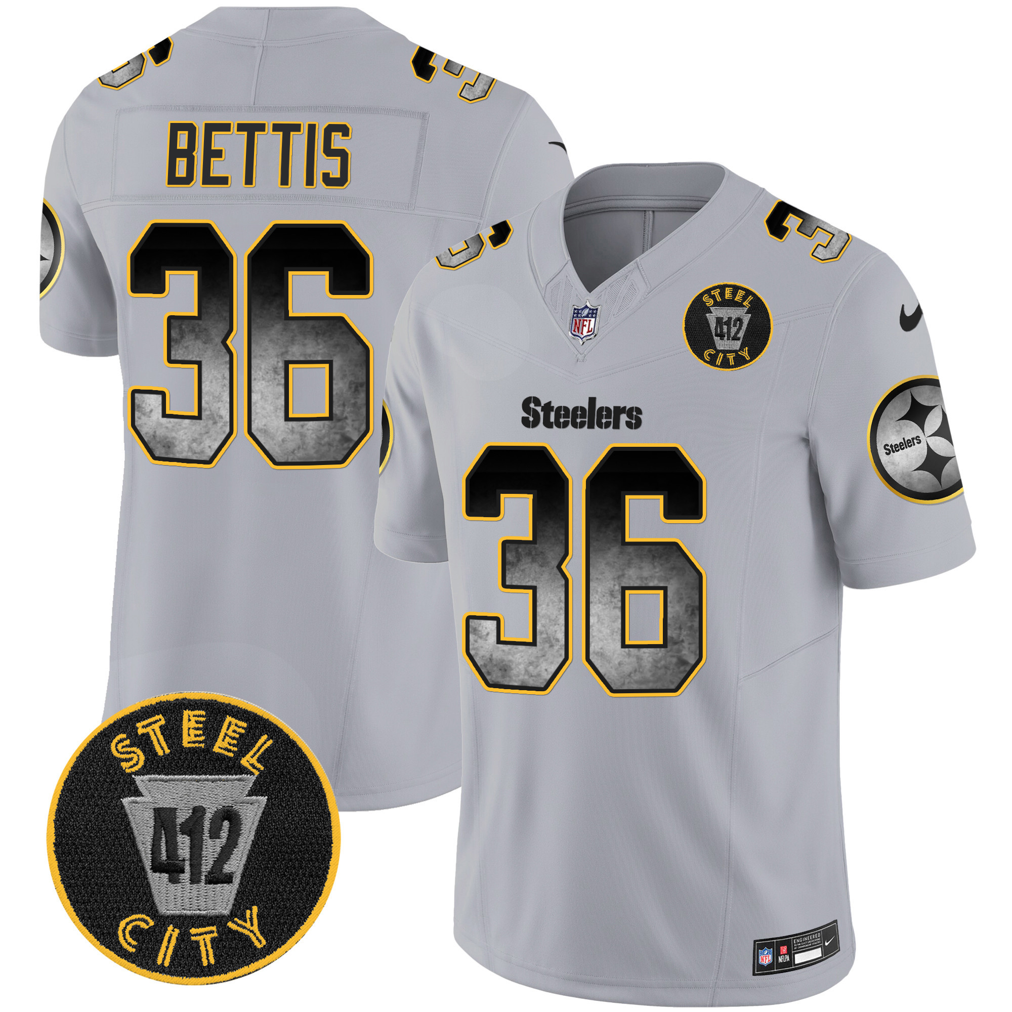 Jerome Bettis Men's Pittsburgh Steelers Arch Smoke 412 Patch Vapor Limited Gray Jersey - All Stitched