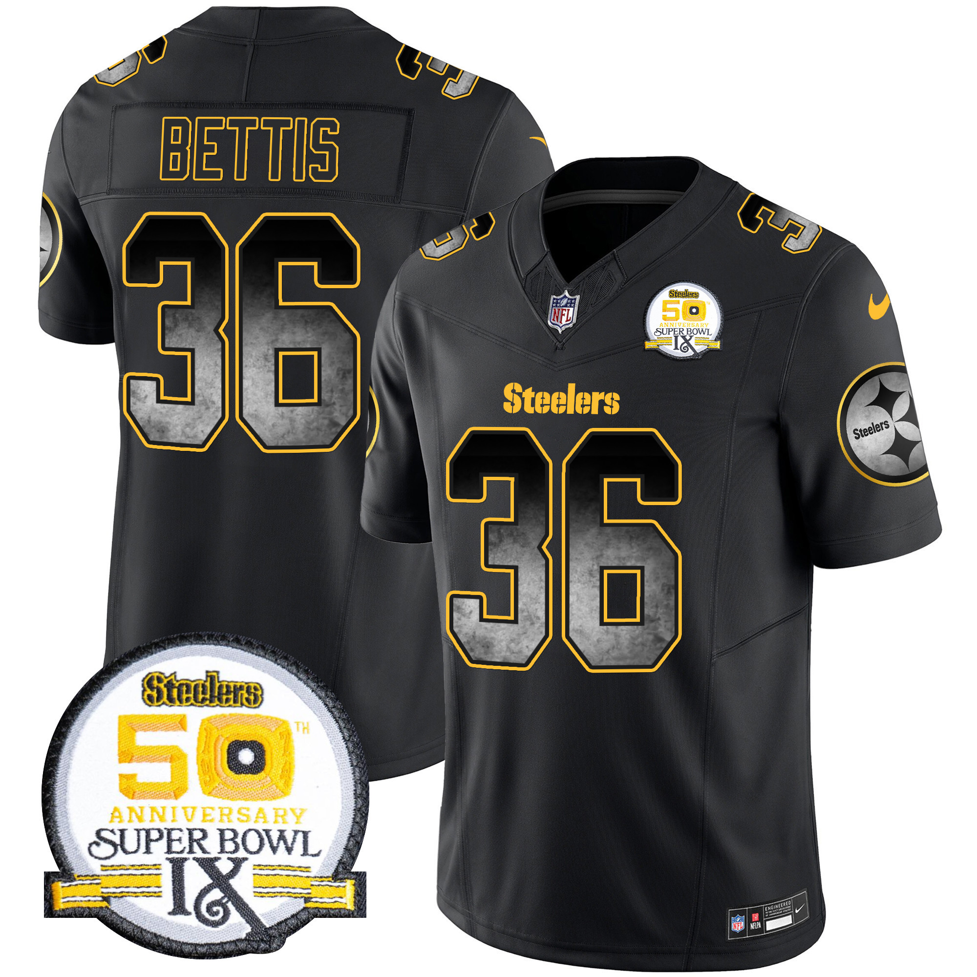Jerome Bettis Men's Pittsburgh Steelers Arch Smoke 50th Anniversary Of Super Bowl IX Patch Vapor Limited Black Jersey - All Stitched