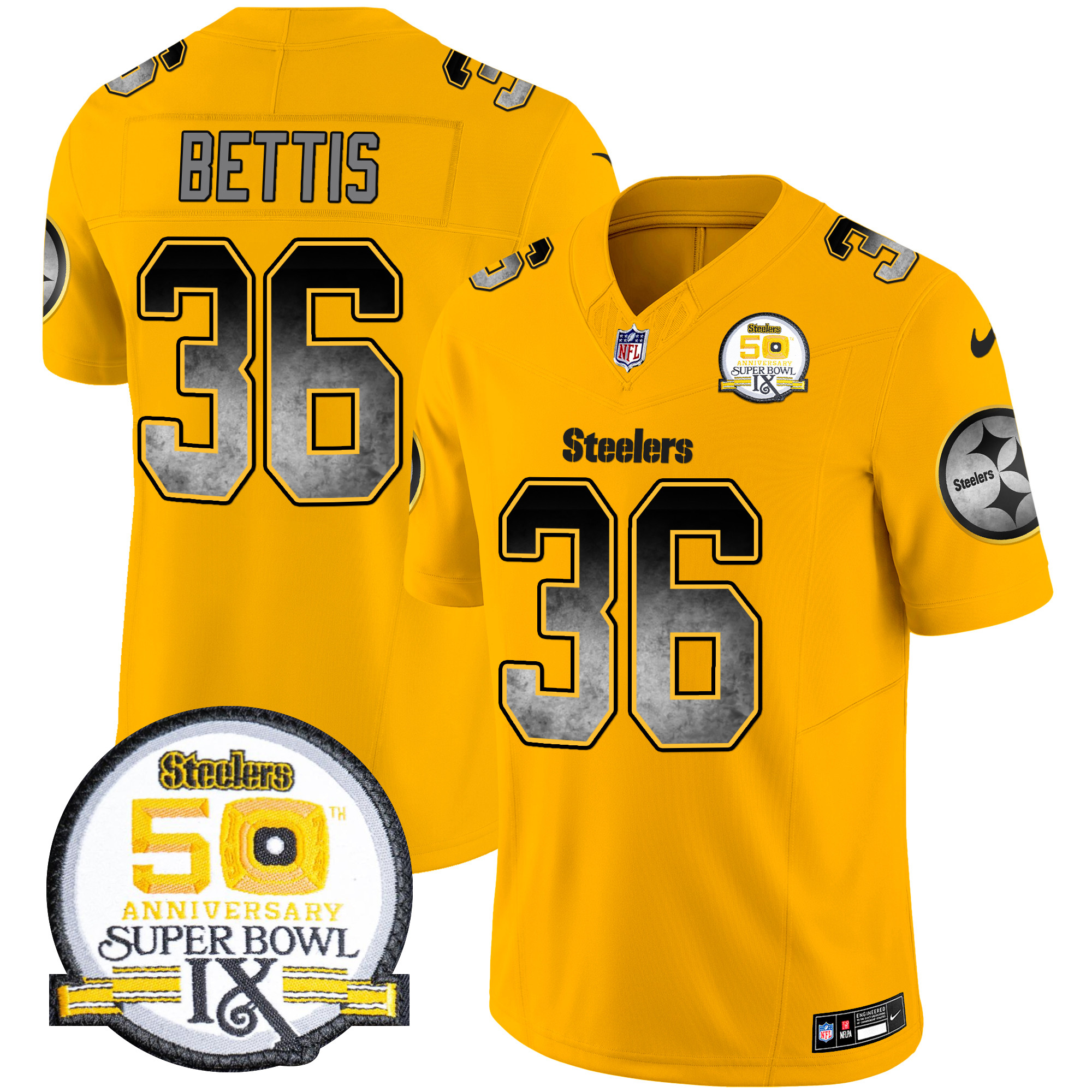 Jerome Bettis Men's Pittsburgh Steelers Arch Smoke 50th Anniversary Of Super Bowl IX Patch Vapor Limited Gold Jersey - All Stitched