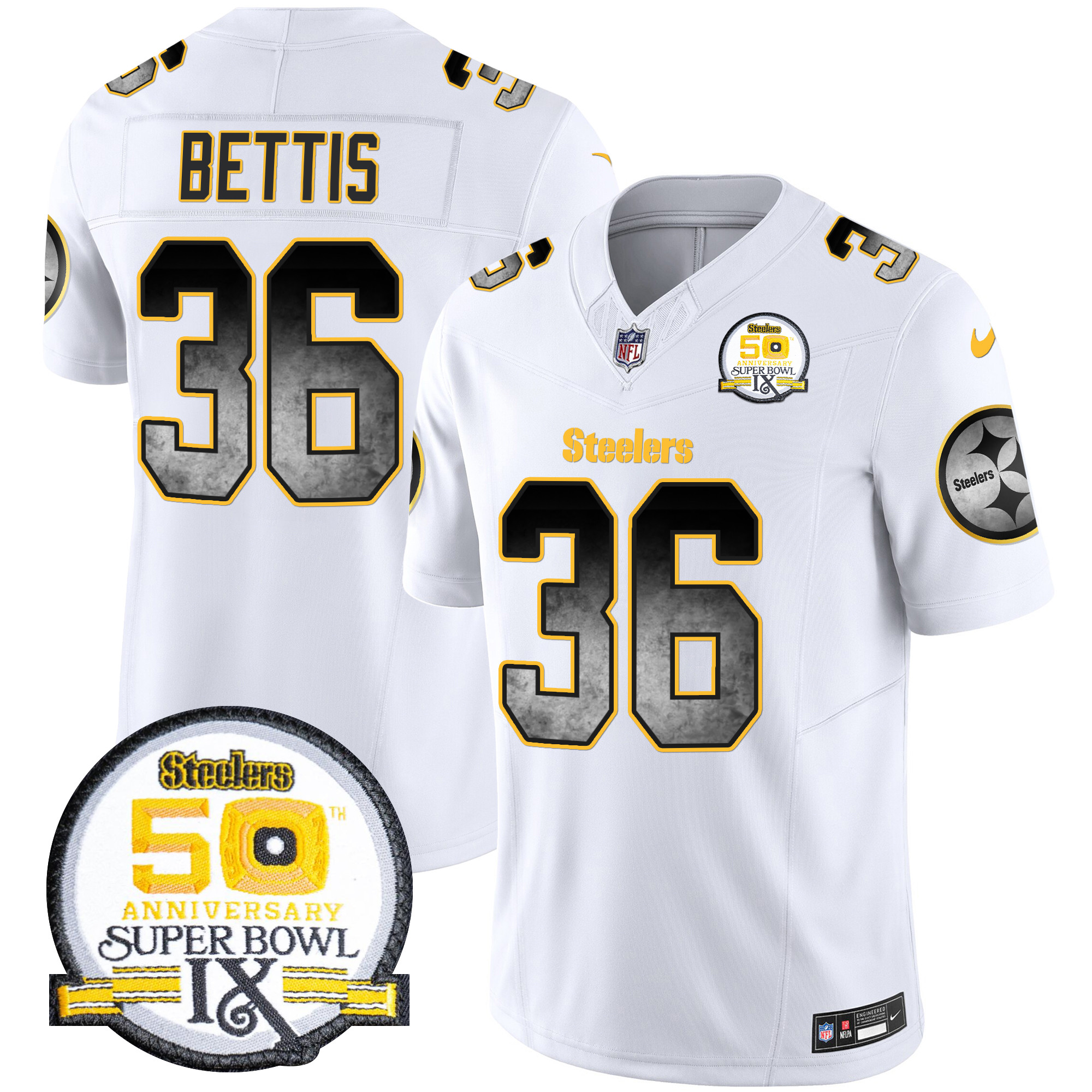 Jerome Bettis Men's Pittsburgh Steelers Arch Smoke 50th Anniversary Of Super Bowl IX Patch Vapor Limited White Jersey - All Stitched