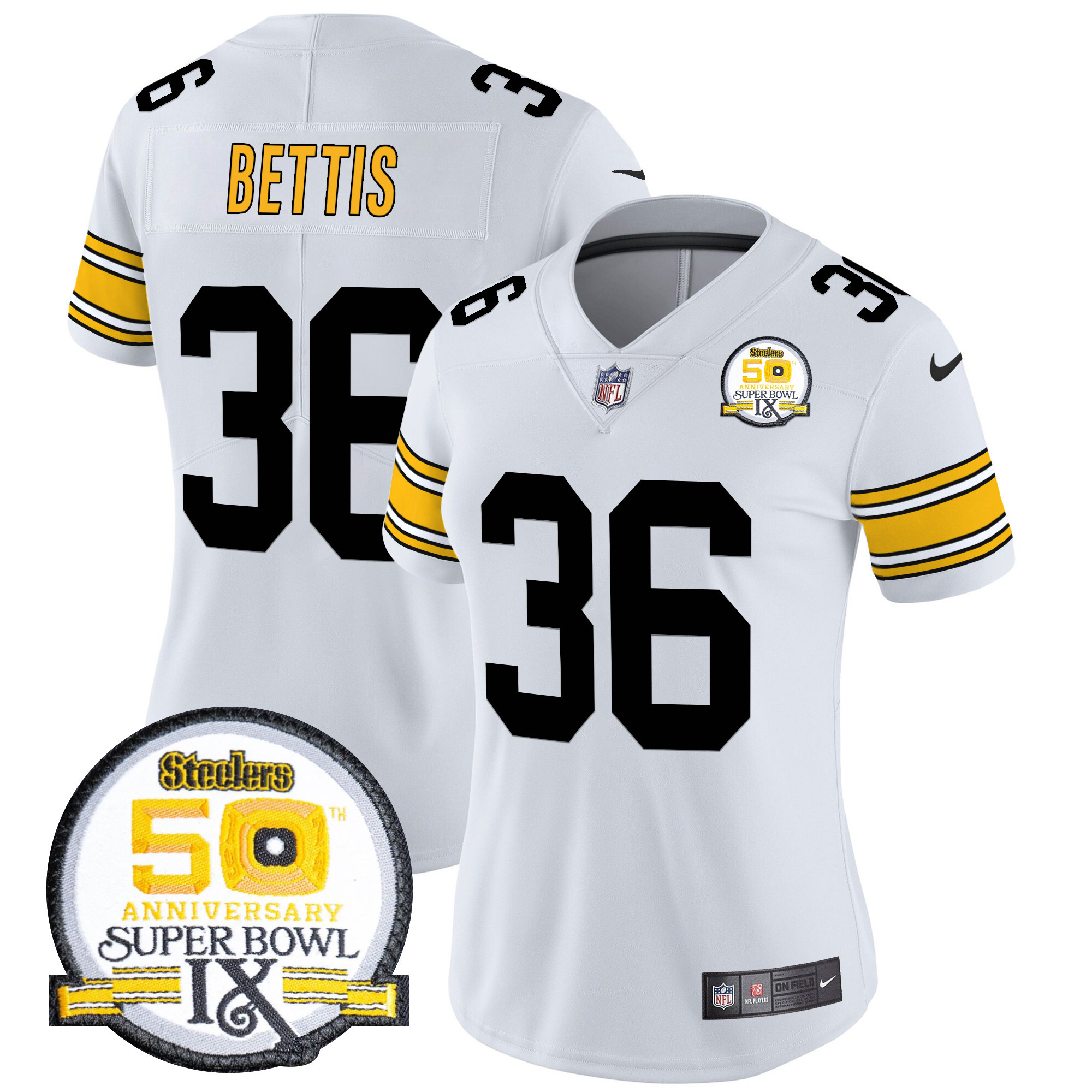 Jerome Bettis Women's Pittsburgh Steelers 50th Anniversary Of Super Bowl IX Patch Vapor Limited 1975 White Jersey - All Stitched