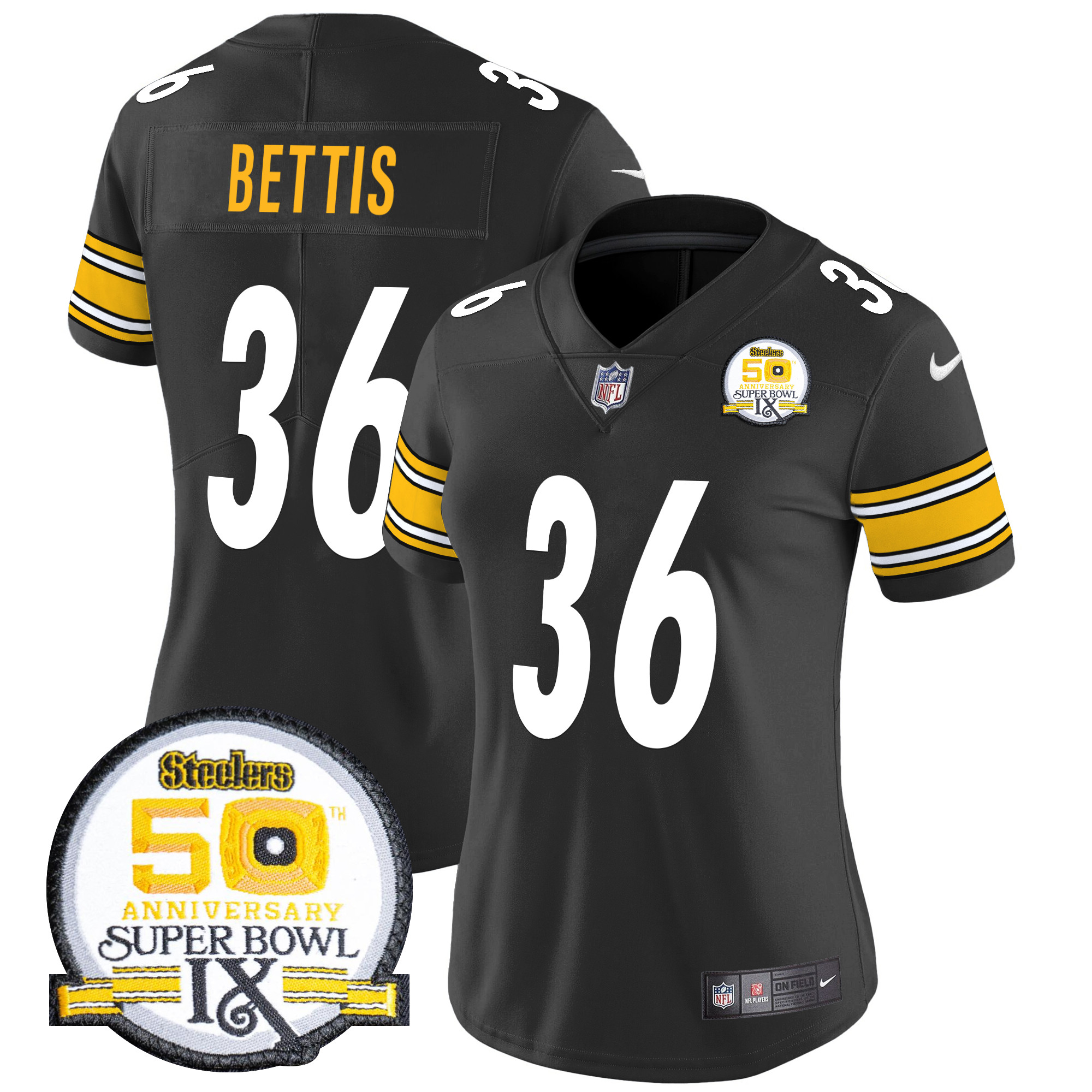 Jerome Bettis Women's Pittsburgh Steelers 50th Anniversary Of Super Bowl IX Patch Vapor Limited Black Jersey - All Stitched