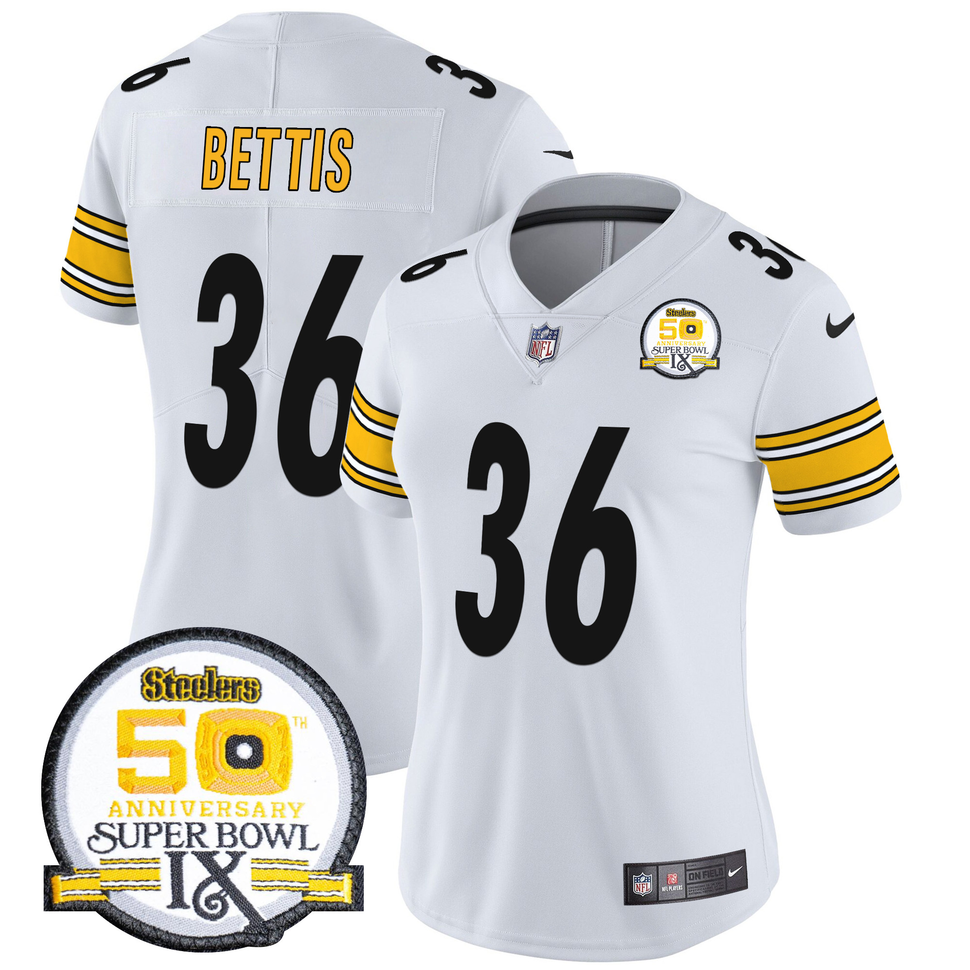 Jerome Bettis Women's Pittsburgh Steelers 50th Anniversary Of Super Bowl IX Patch Vapor Limited White Jersey - All Stitched