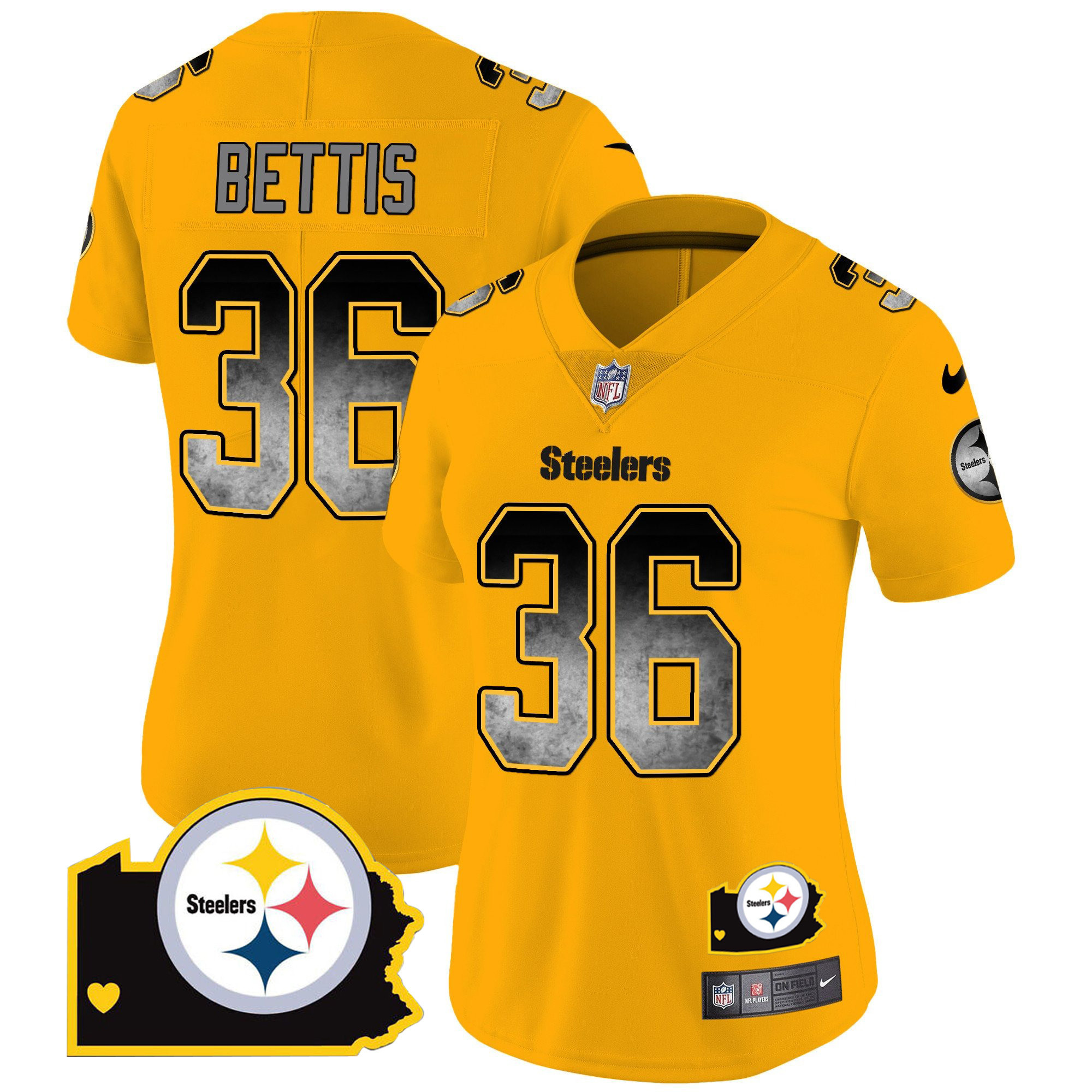 Jerome Bettis Women's Pittsburgh Steelers Arch Smoke Home Patch Vapor Gold Jersey - All Stitched
