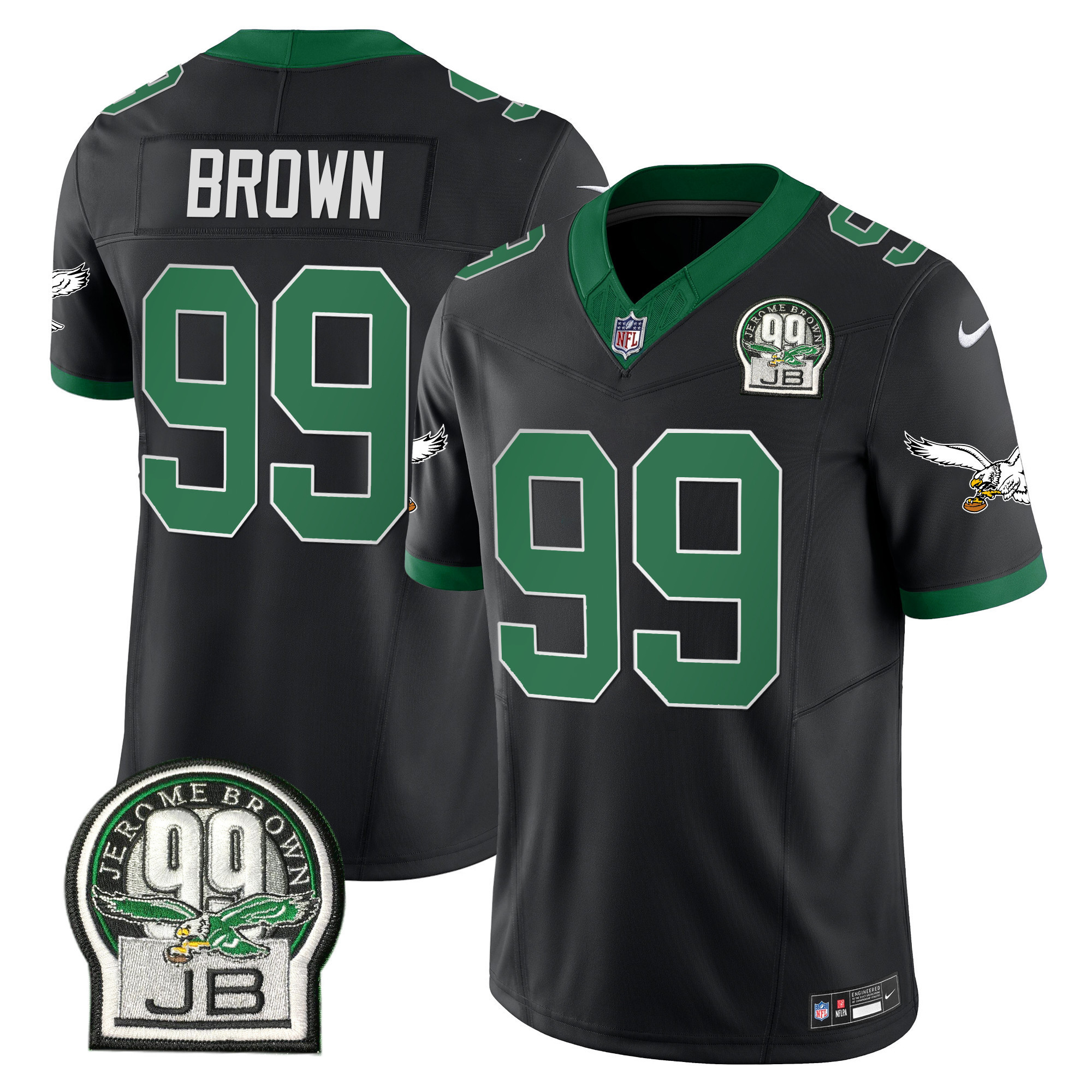 Jerome Brown Men's Philadelphia Eagles Jerome Brown Patch Kelly Green Alternate Black Jersey - All Stitched