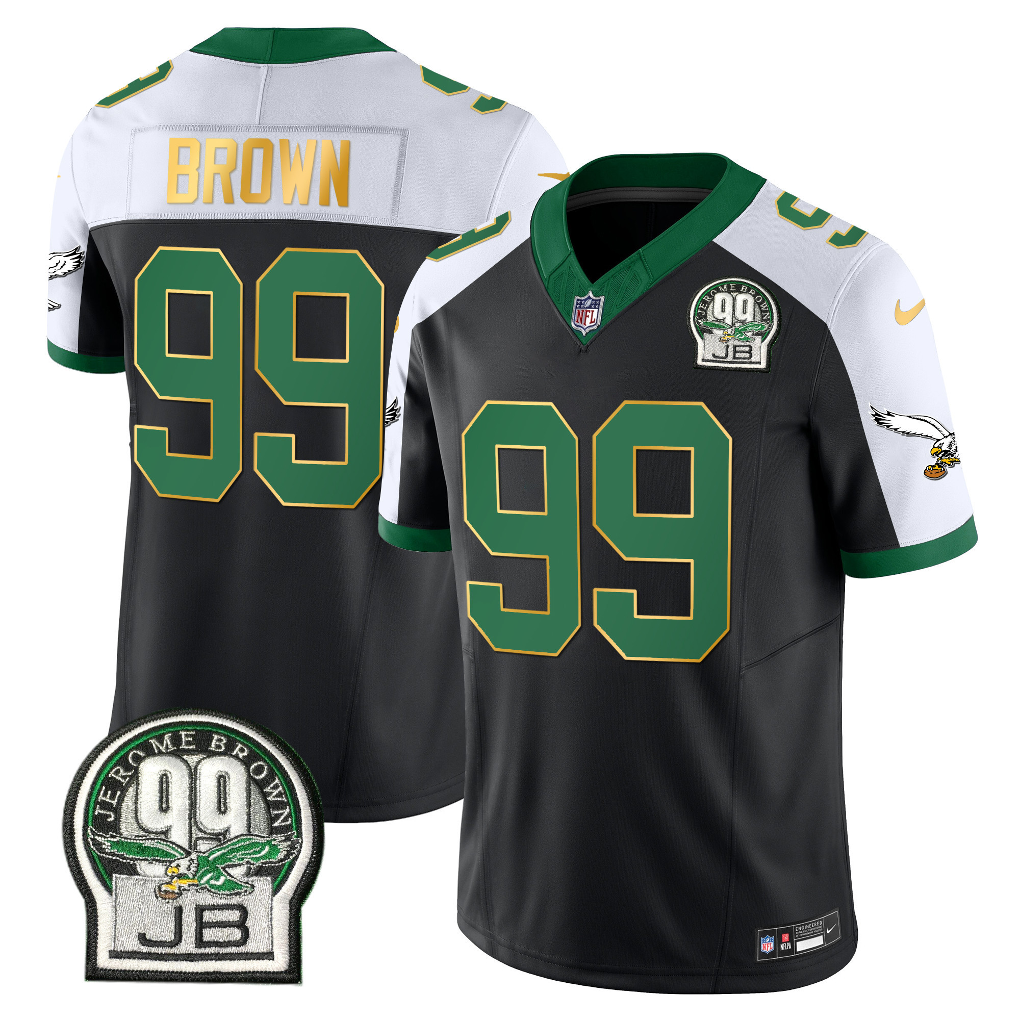 Jerome Brown Men's Philadelphia Eagles Jerome Brown Patch Kelly Green Gold Trim Black Alternate Jersey - All Stitched