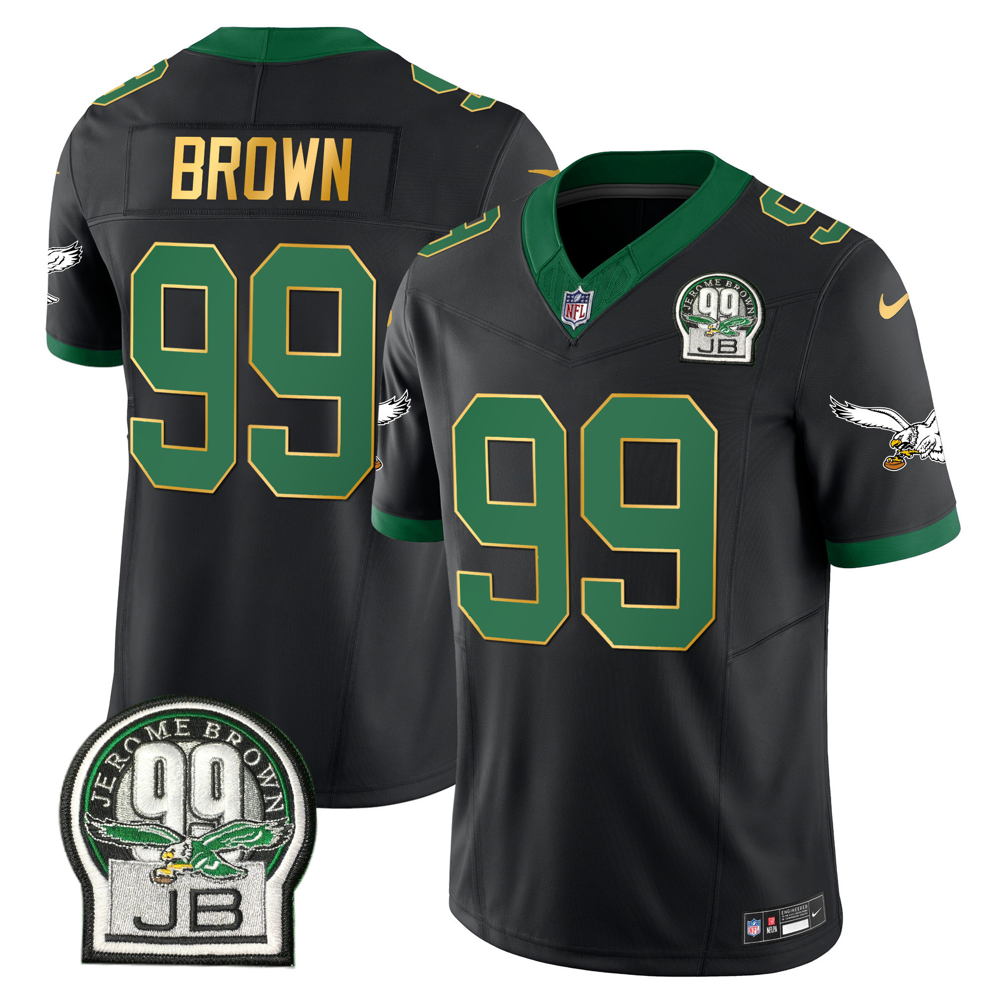 Jerome Brown Men's Philadelphia Eagles Jerome Brown Patch Kelly Green Gold Trim Black Jersey - All Stitched