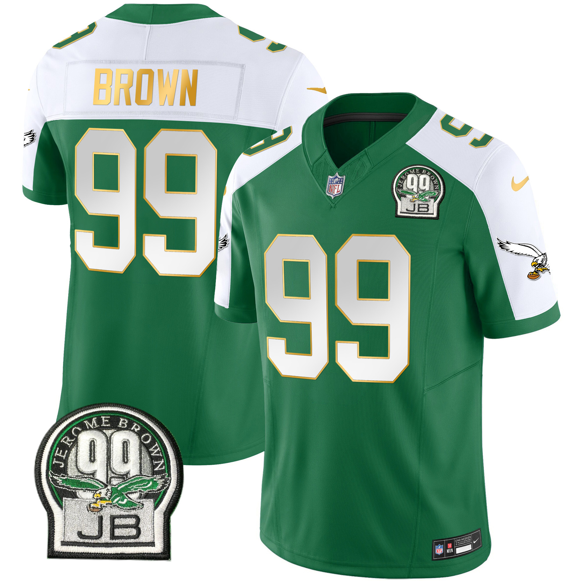 Jerome Brown Men's Philadelphia Eagles Jerome Brown Patch Kelly Green Gold Trim Kelly Alternate Jersey - All Stitched