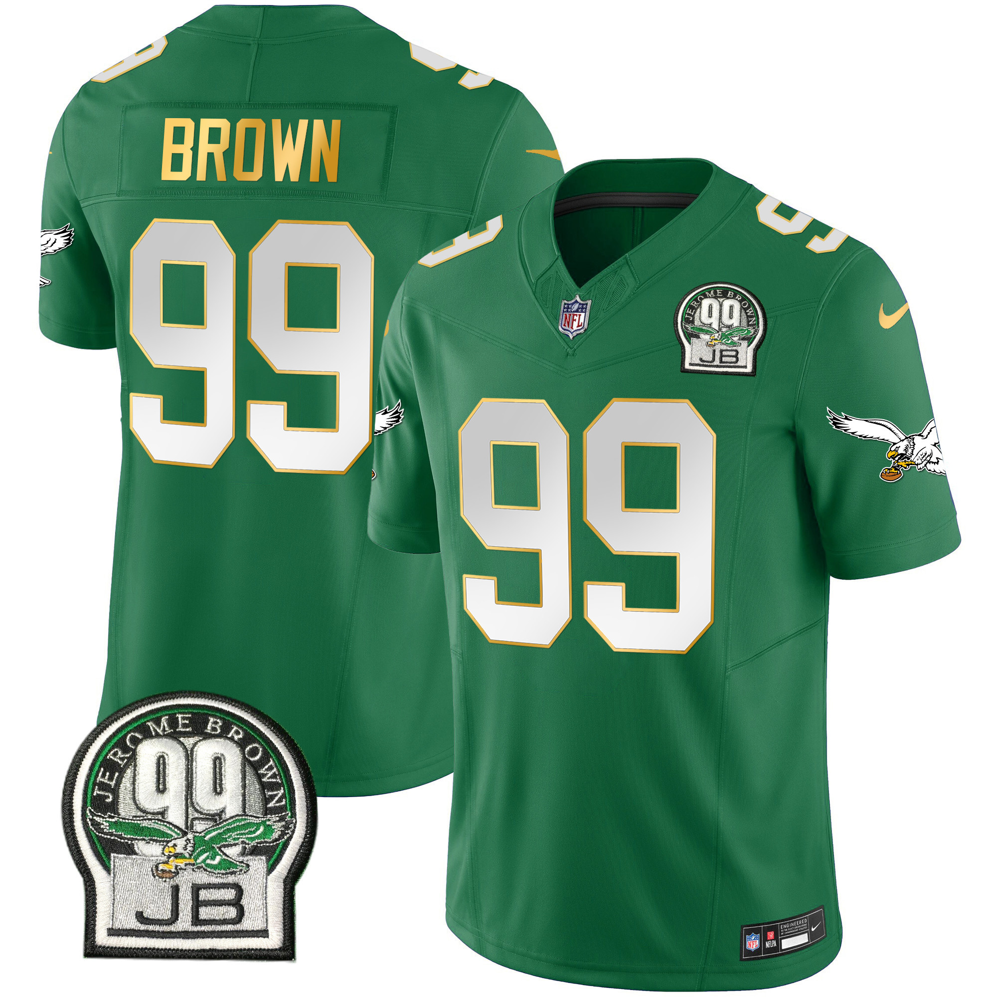 Jerome Brown Men's Philadelphia Eagles Jerome Brown Patch Kelly Green Gold Trim Kelly Green Jersey - All Stitched