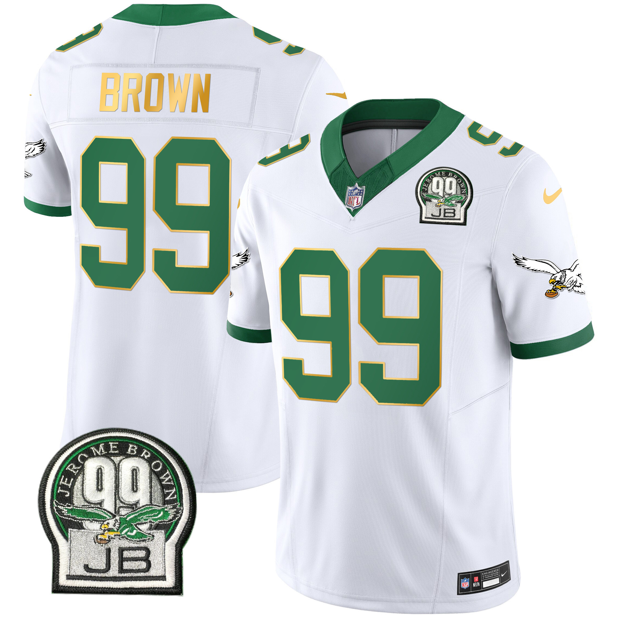 Jerome Brown Men's Philadelphia Eagles Jerome Brown Patch Kelly Green Gold Trim Kelly White Jersey - All Stitched