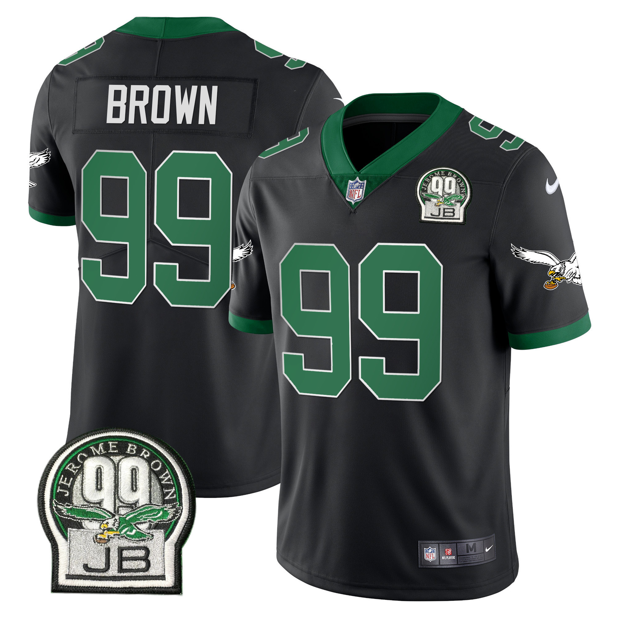 Jerome Brown Men's Philadelphia Eagles Jerome Brown Retired Patch Gold & Kelly Kelly Black Jersey - All Stitched