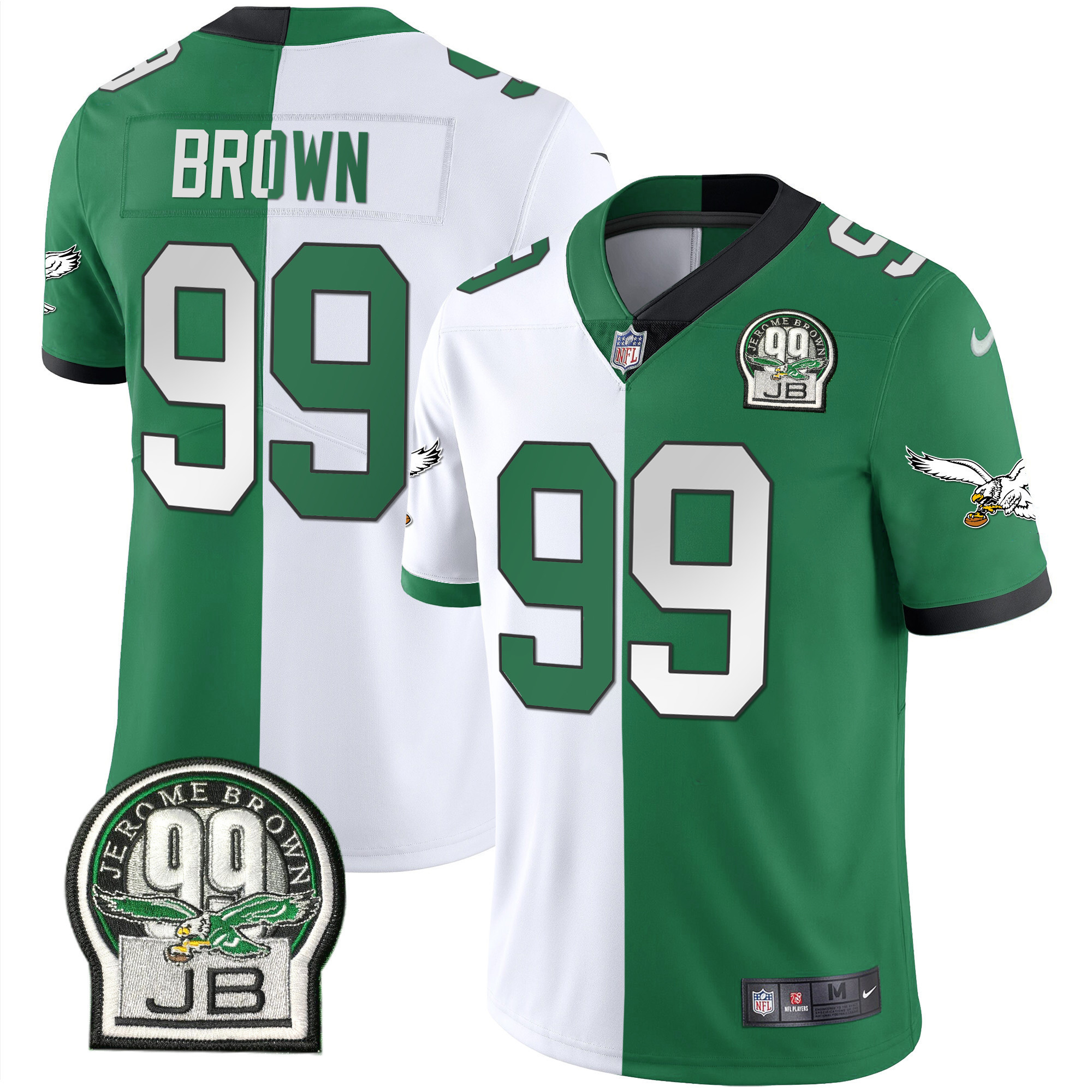 Jerome Brown Men's Philadelphia Eagles Jerome Brown Retired Patch Gold & Kelly Split Jersey - All Stitched