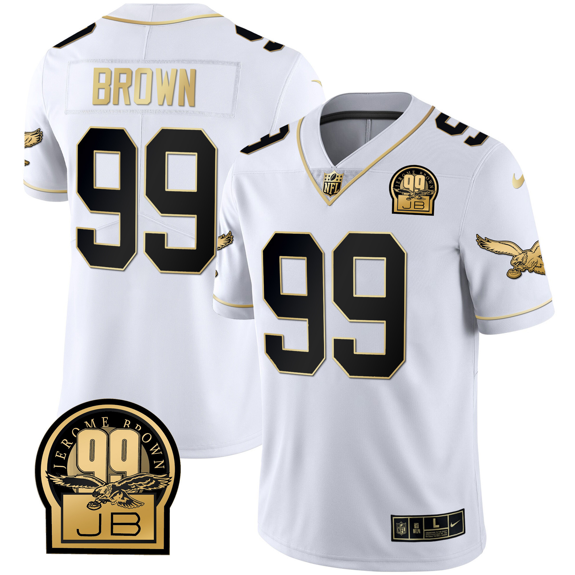Jerome Brown Men's Philadelphia Eagles Jerome Brown Retired Patch Gold & Kelly White Gold Jersey - All Stitched