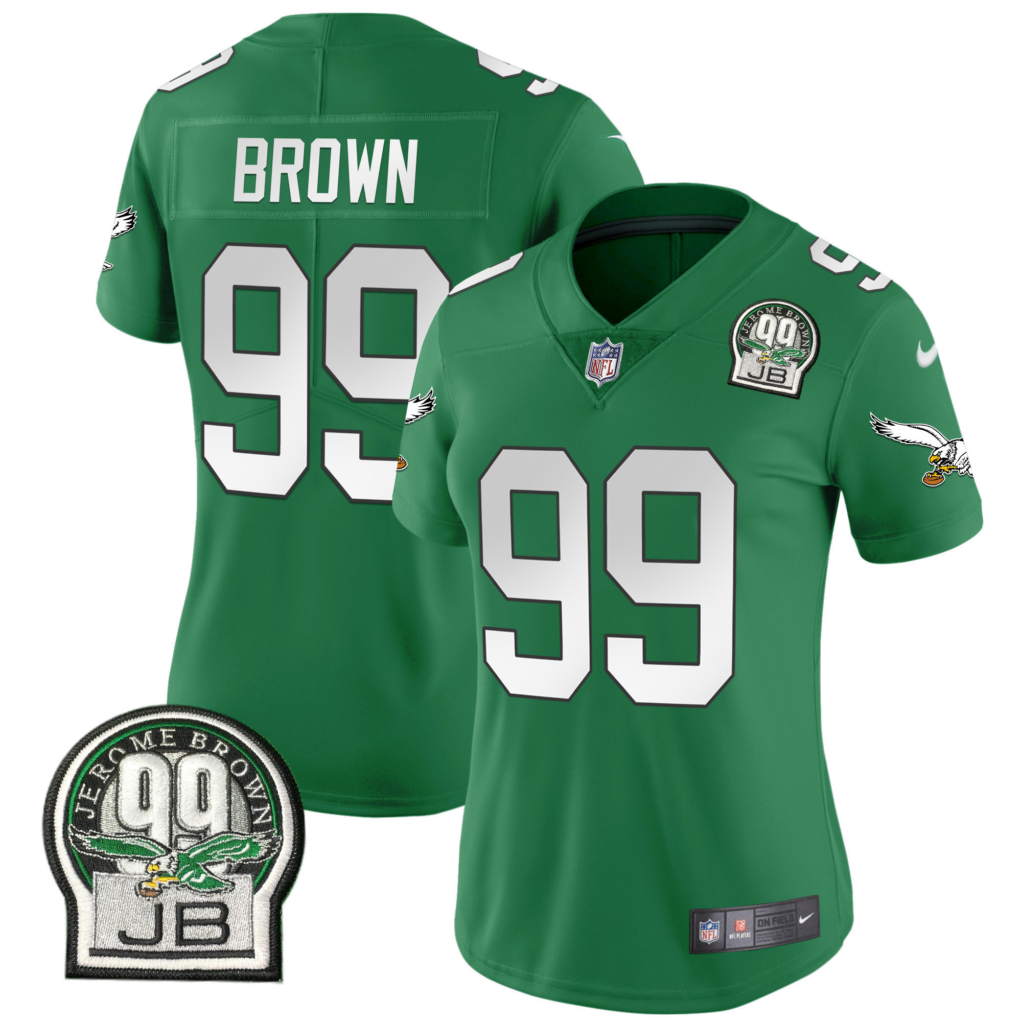 Jerome Brown Women's Philadelphia Eagles Jerome Brown Retired Patch Gold & Kelly Kelly Green Jersey - All Stitched
