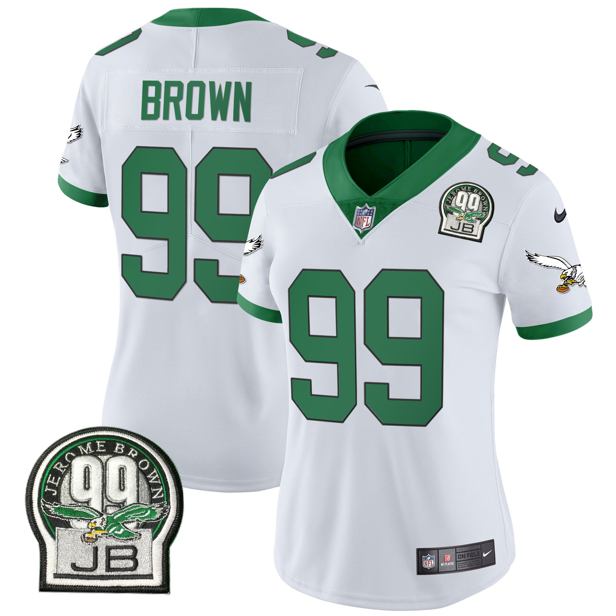 Jerome Brown Women's Philadelphia Eagles Jerome Brown Retired Patch Gold & Kelly Kelly White Jersey - All Stitched