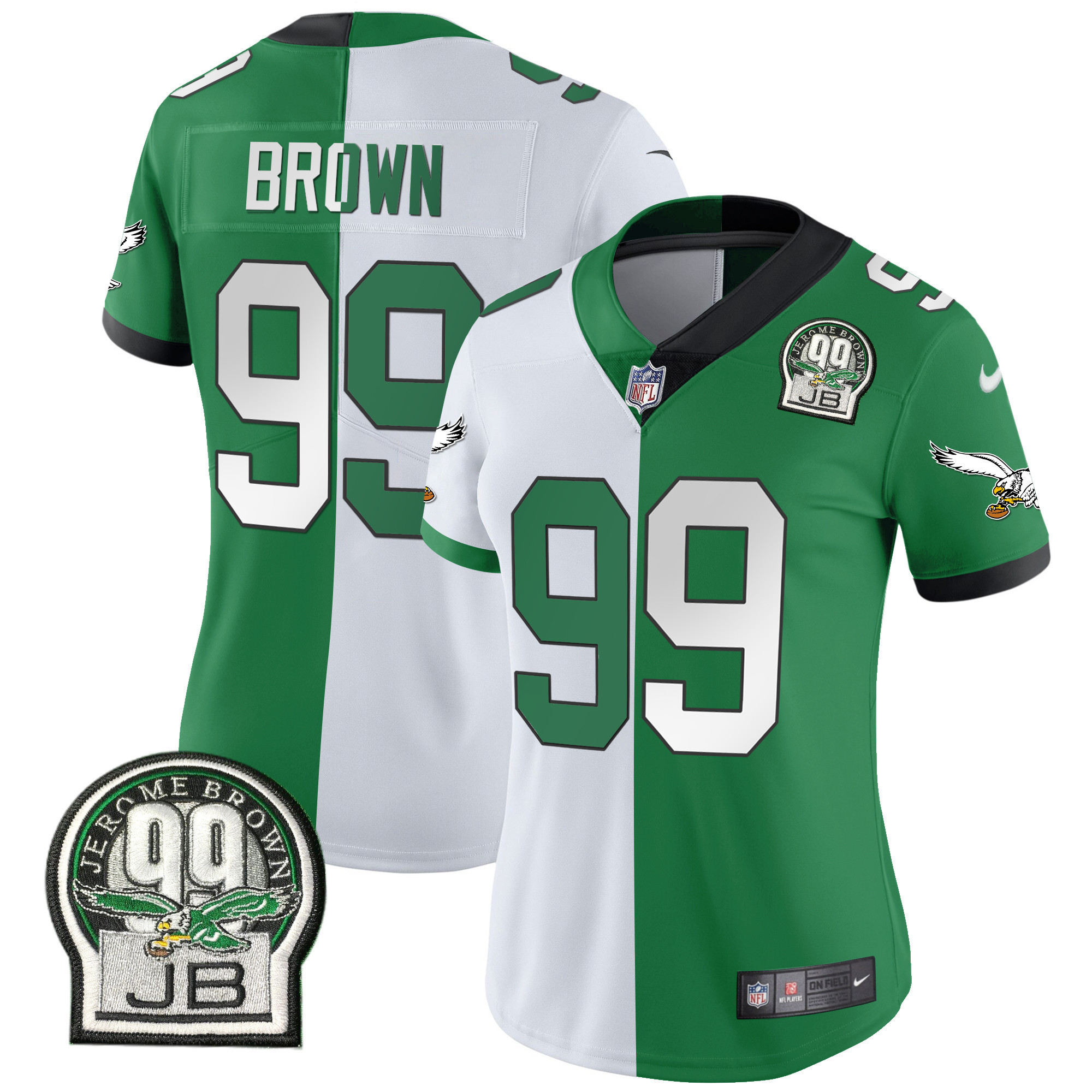 Jerome Brown Women's Philadelphia Eagles Jerome Brown Retired Patch Gold & Kelly Split Jersey - All Stitched