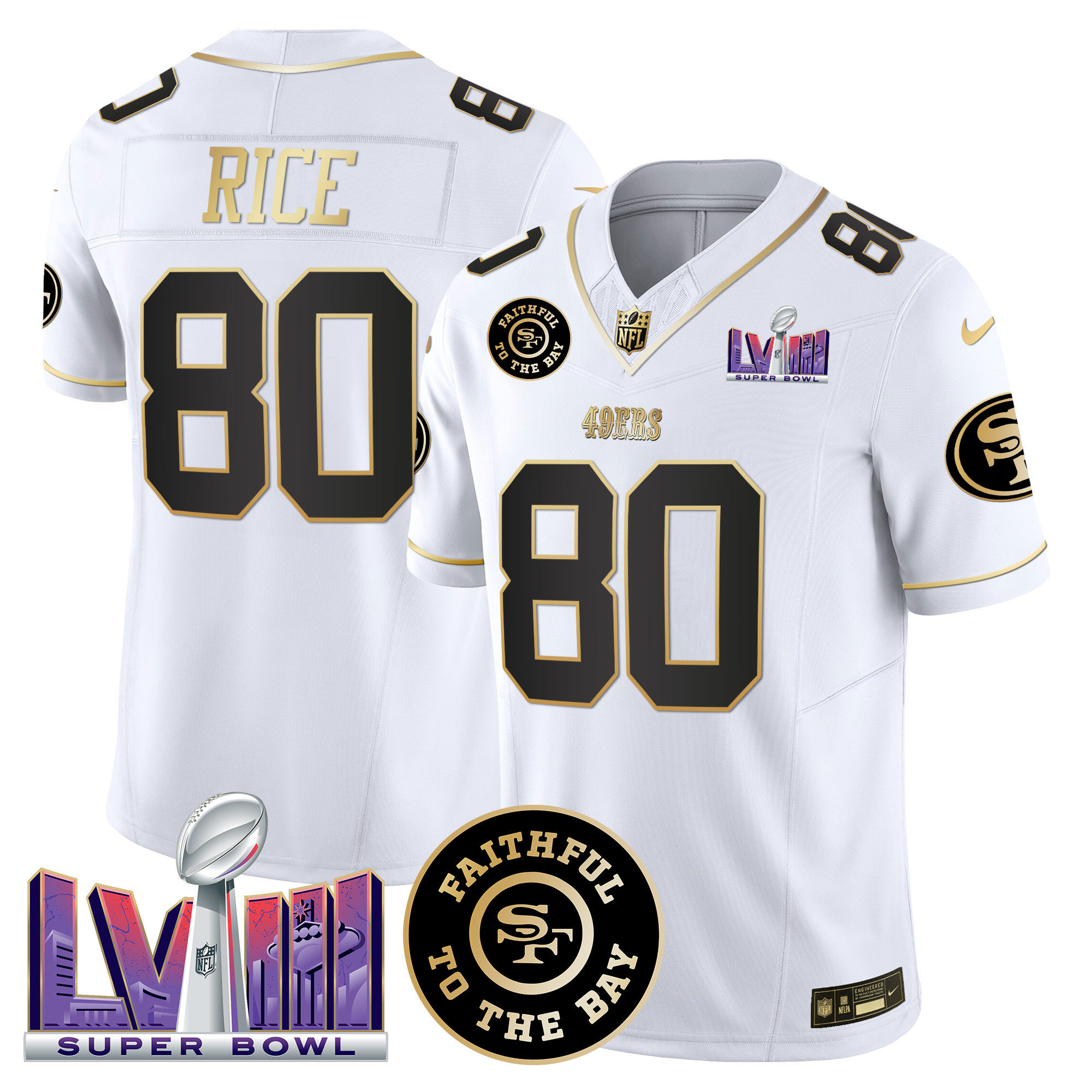 Jerry Rice Men's San Francisco 49ers  Faithful & Super Bowl LVIII Patch Vapor White Gold Jersey - All Stitched