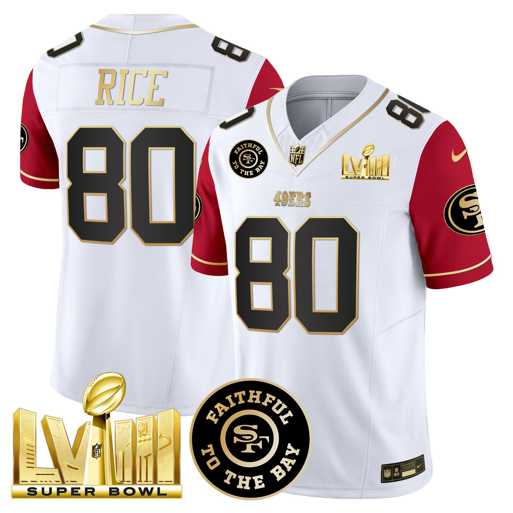 Jerry Rice San Francisco 49ers Faithful & Super Bowl LVIII Gold Patch Vapor White/Red Jersey - All Stitched
