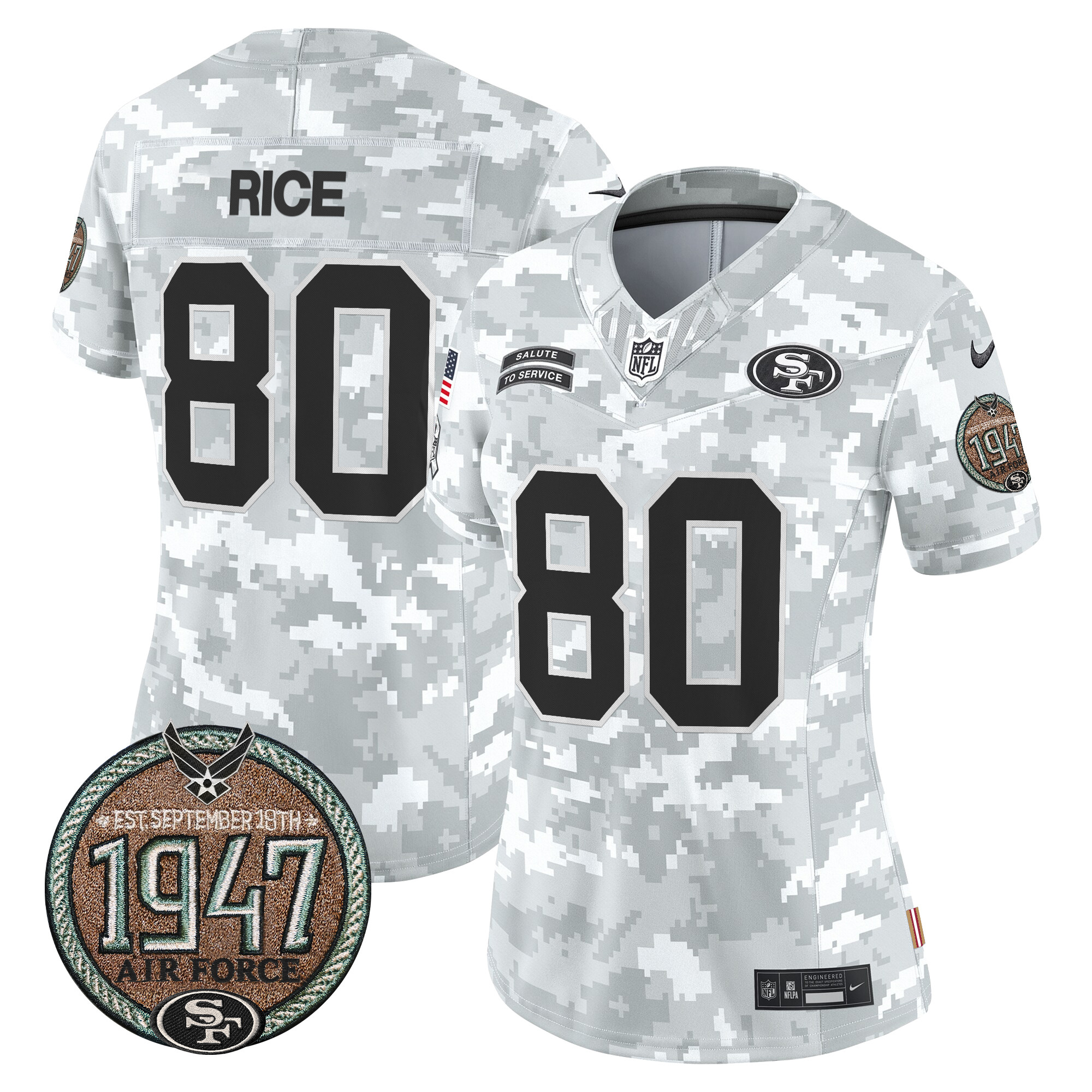 Jerry Rice Women's San Francisco 49ers 2024 Salute to Service Establishment Year Patch Vapor Limited Air Force Jersey - All Stitched