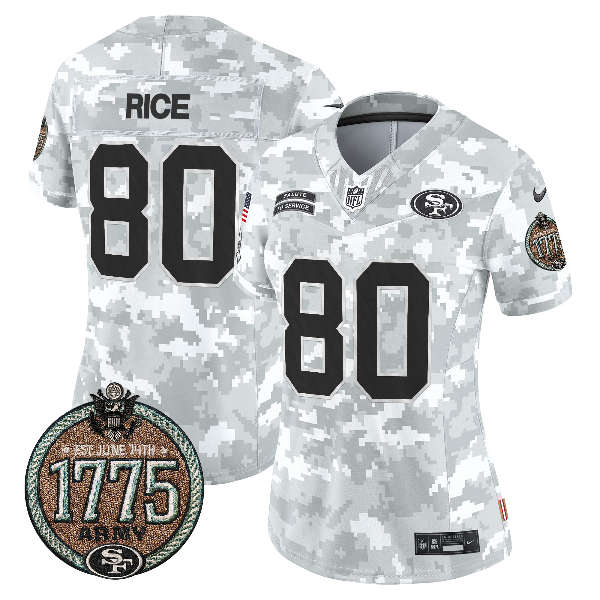 Jerry Rice Women's San Francisco 49ers 2024 Salute to Service Establishment Year Patch Vapor Limited Army Jersey - All Stitched