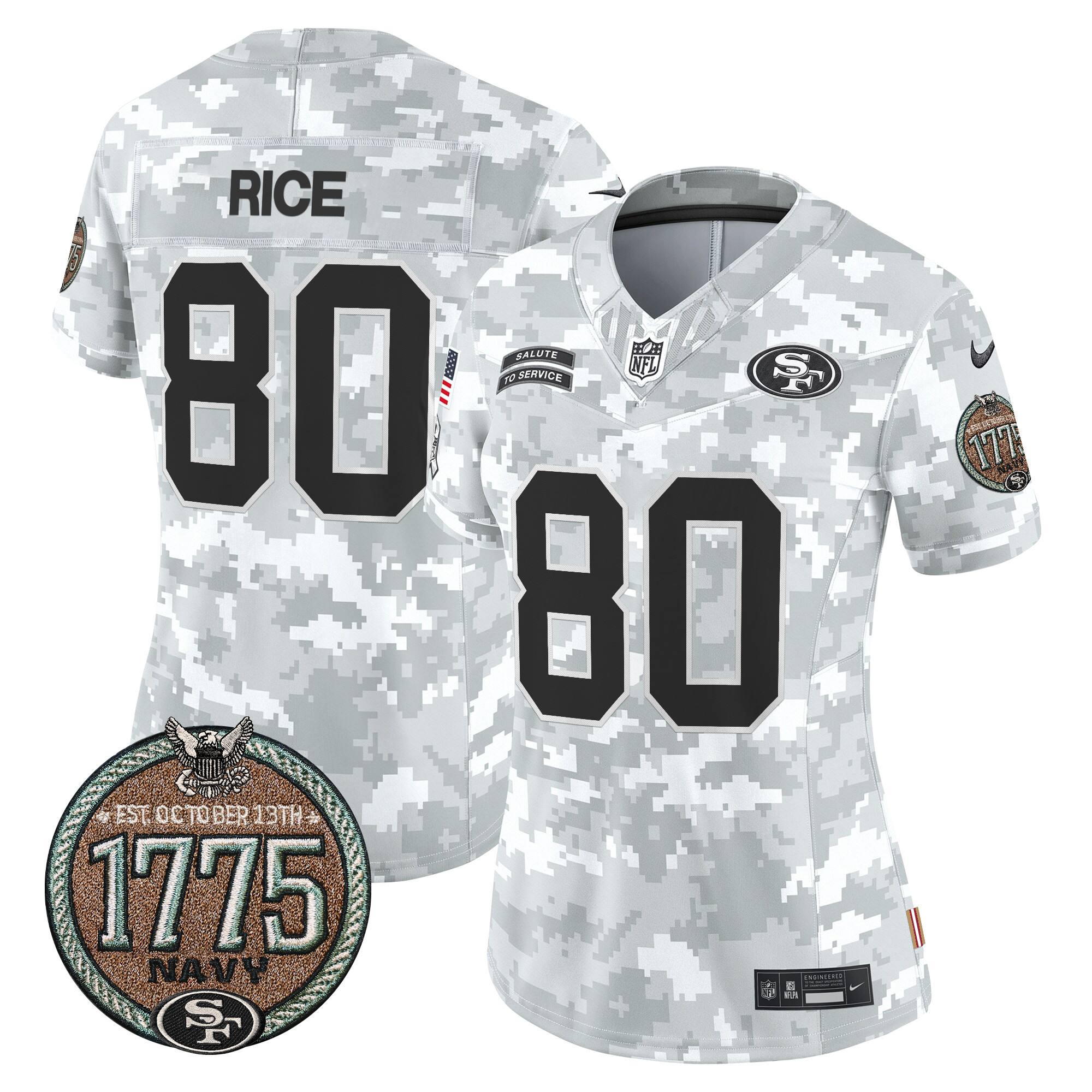 Jerry Rice Women's San Francisco 49ers 2024 Salute to Service Establishment Year Patch Vapor Limited Navy Jersey - All Stitched