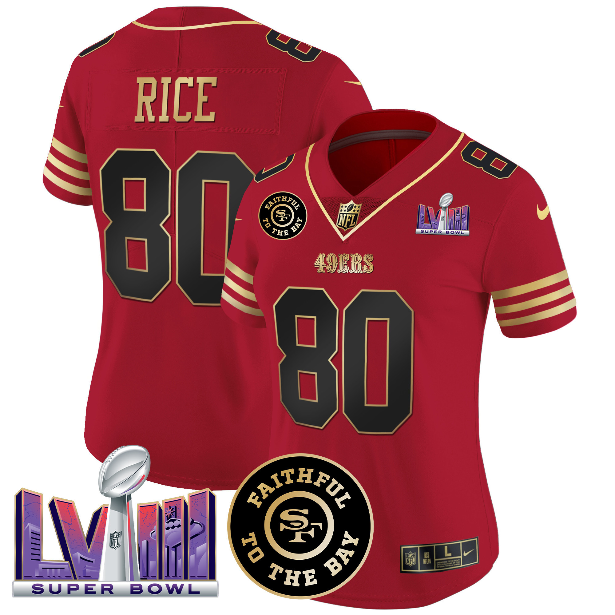 Jerry Rice Women's San Francisco 49ers  Faithful & Super Bowl LVIII Patch Vapor Black Scarlet Jersey - All Stitched