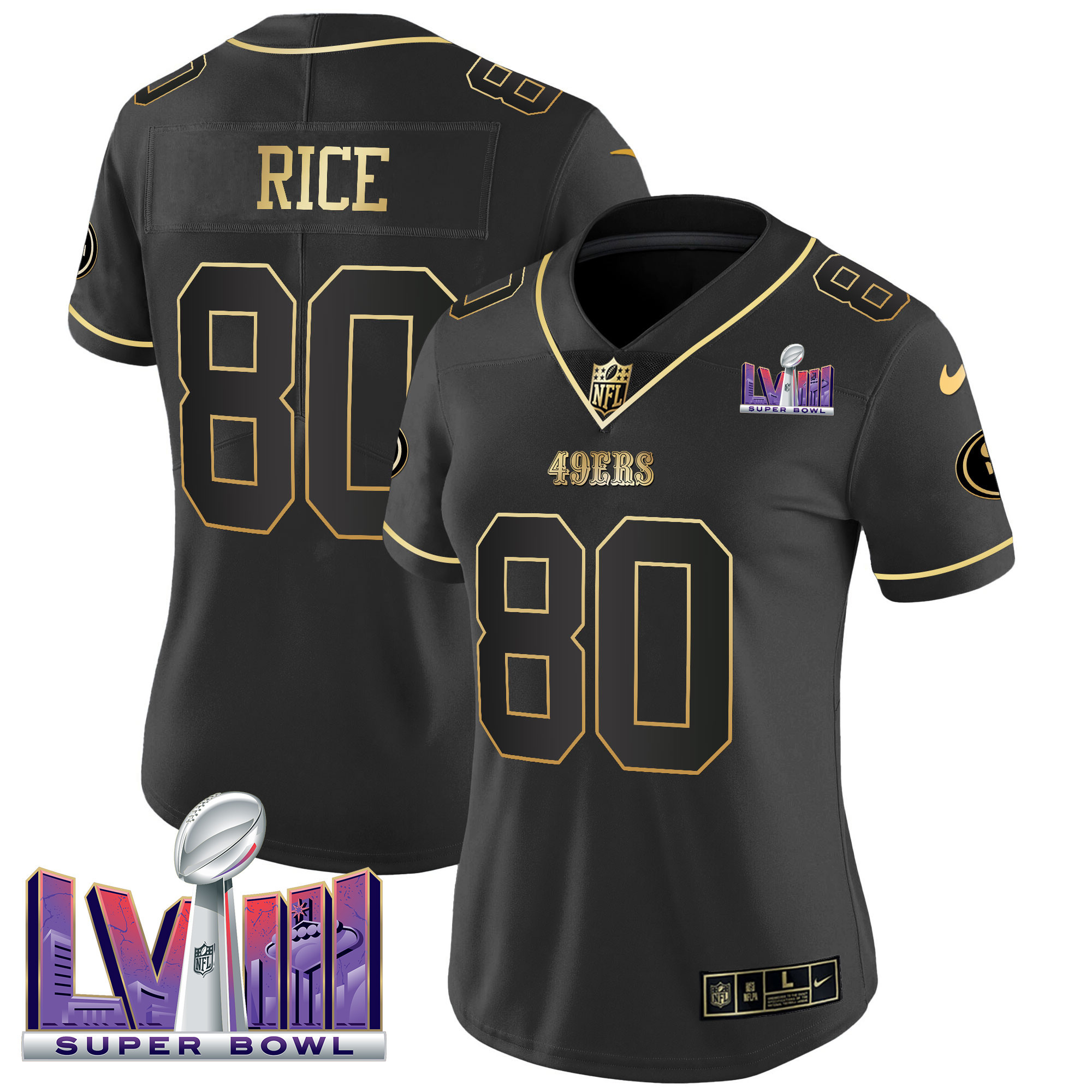Jerry Rice Women's San Francisco 49ers  Super Bowl LVIII Patch Vapor Black Gold Jersey - All Stitched
