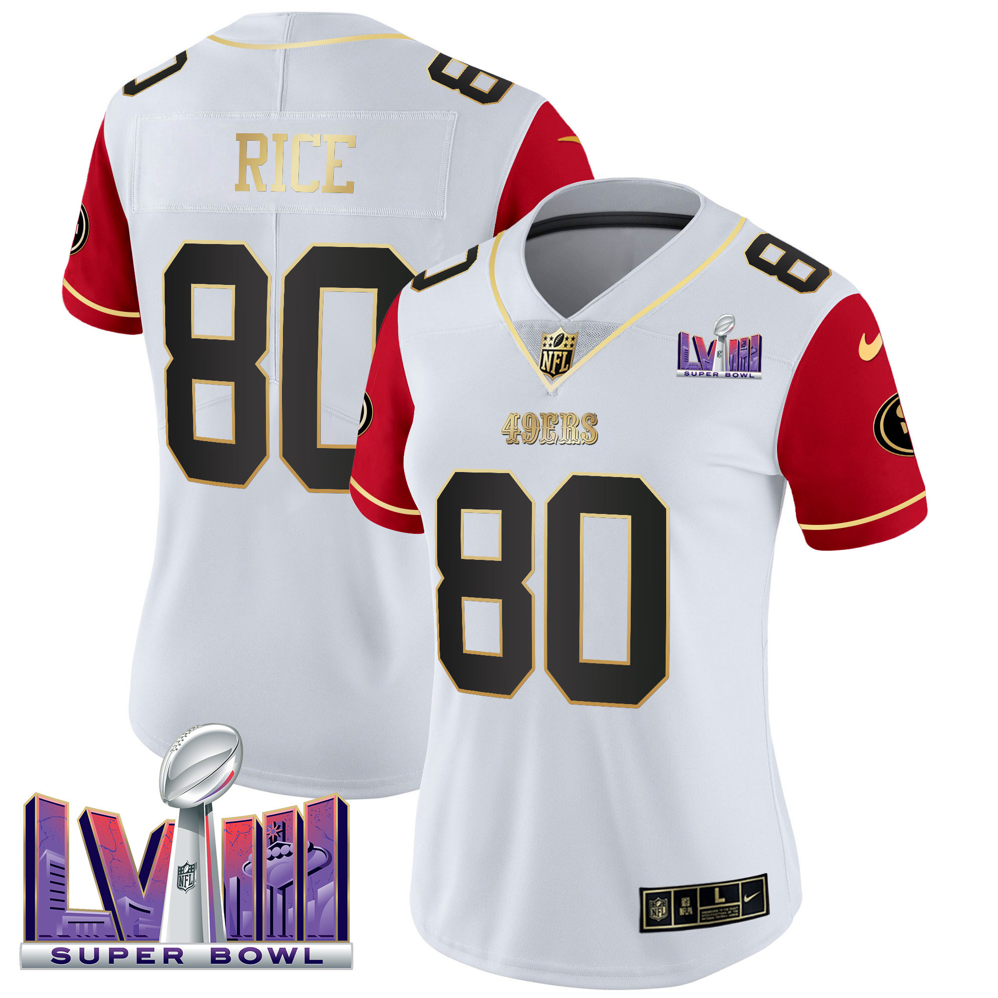 Jerry Rice Women's San Francisco 49ers  Super Bowl LVIII Patch Vapor Color Sleeves Jersey - All Stitched