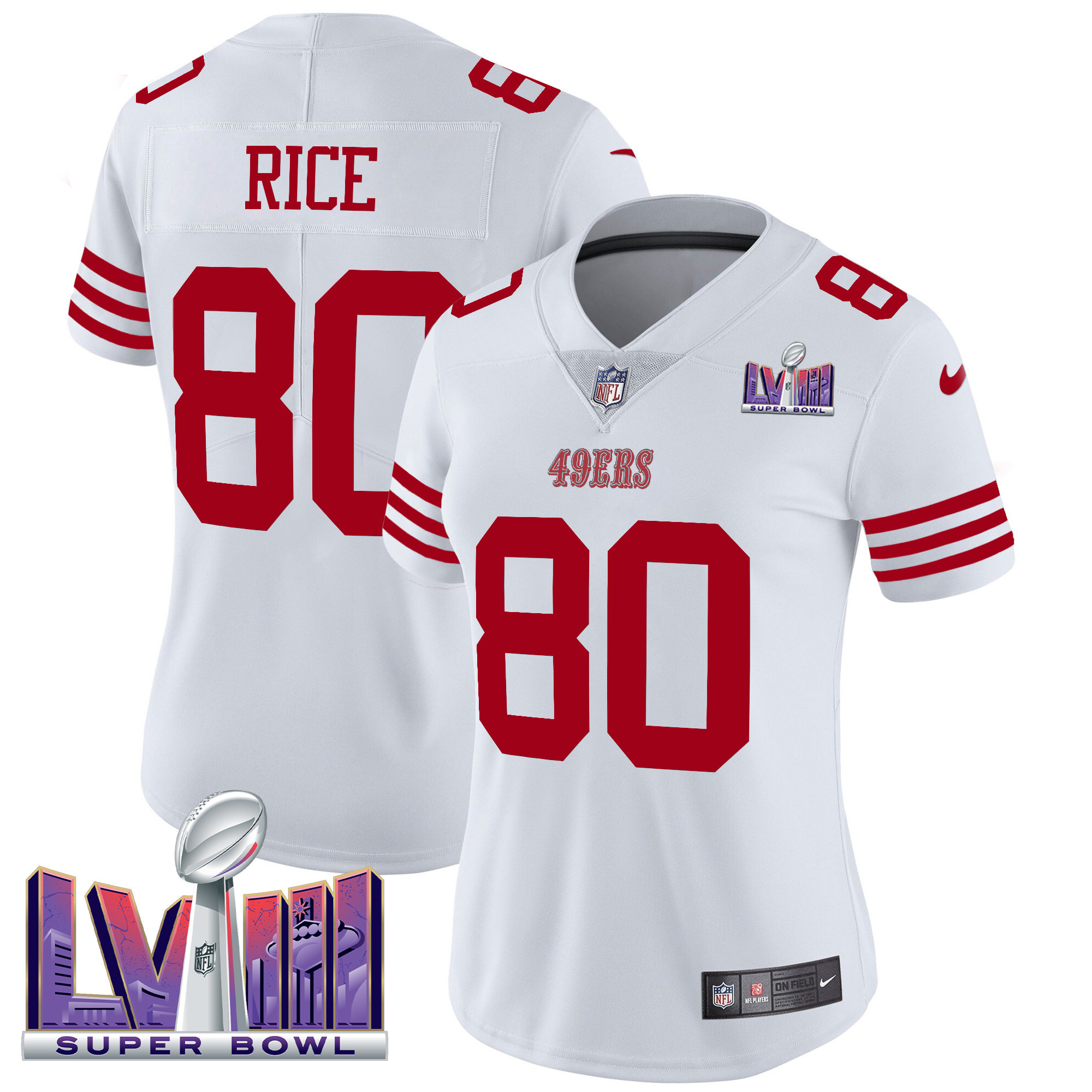Jerry Rice Women's San Francisco 49ers Super Bowl LVIII Patch Vapor Limited White Jersey - All Stitched