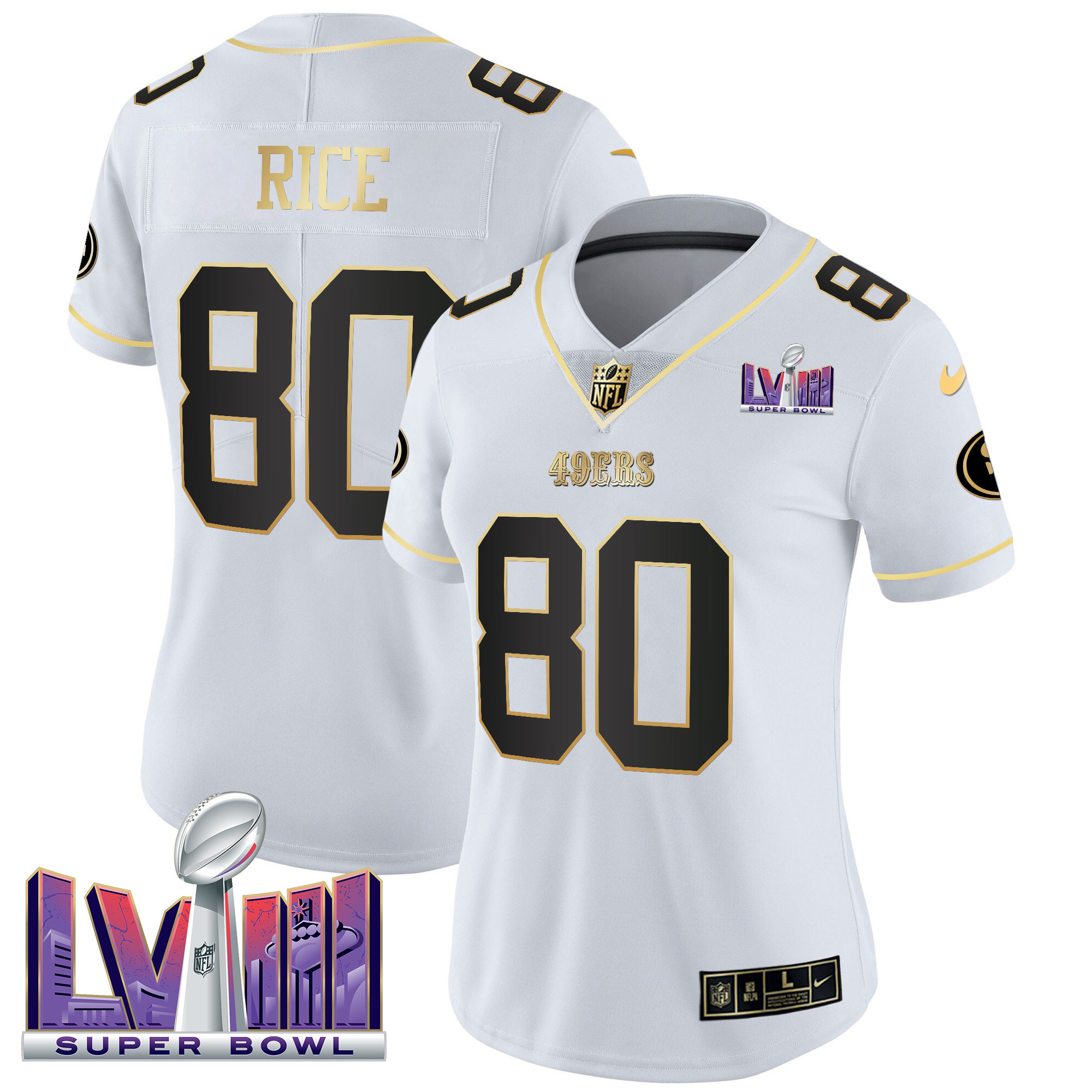 Jerry Rice Women's San Francisco 49ers  Super Bowl LVIII Patch Vapor White Gold Jersey - All Stitched