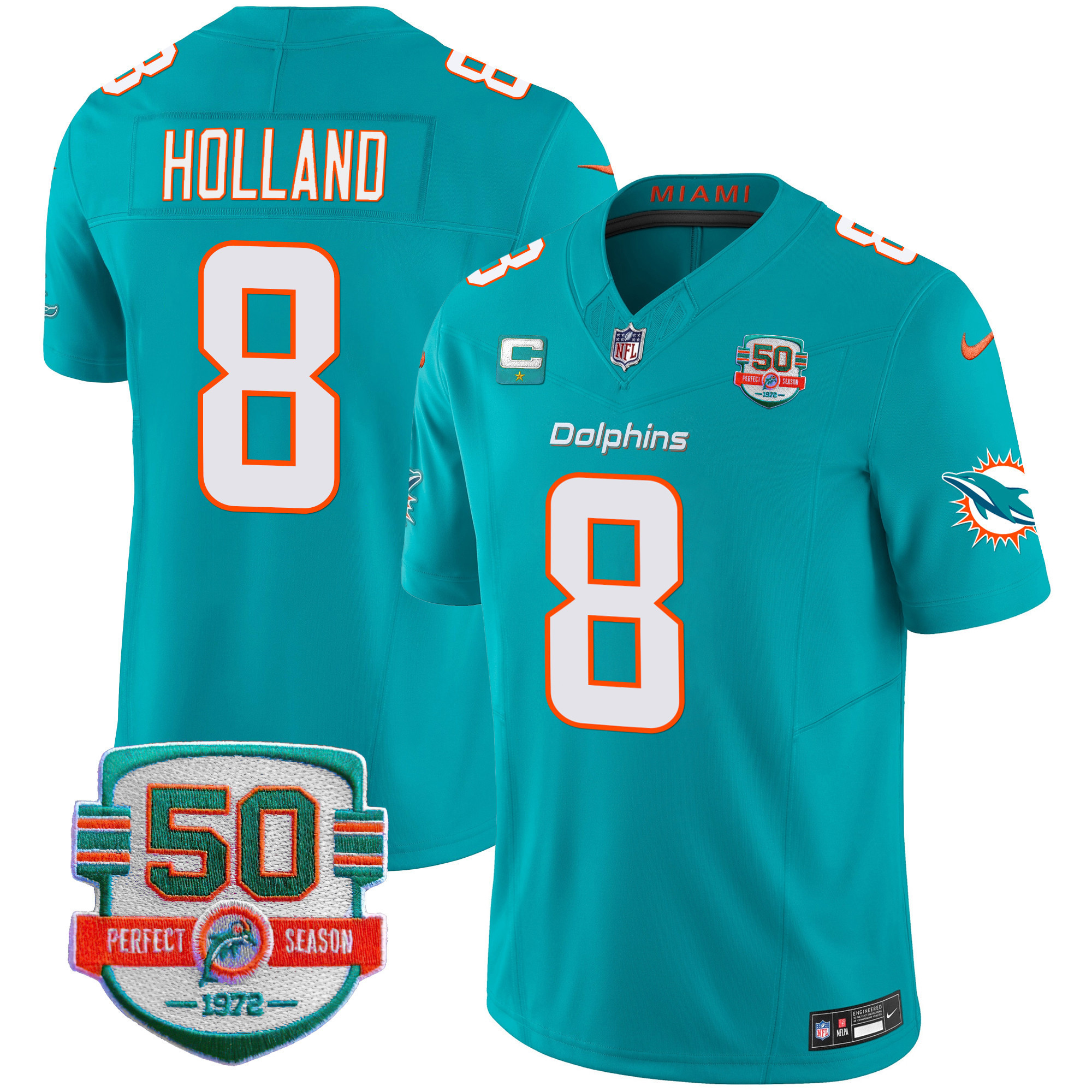 Jevon Holland Men's Miami Dolphins 50th 1972 Perfect Season Patch Vapor Aqua Jersey - All Stitched