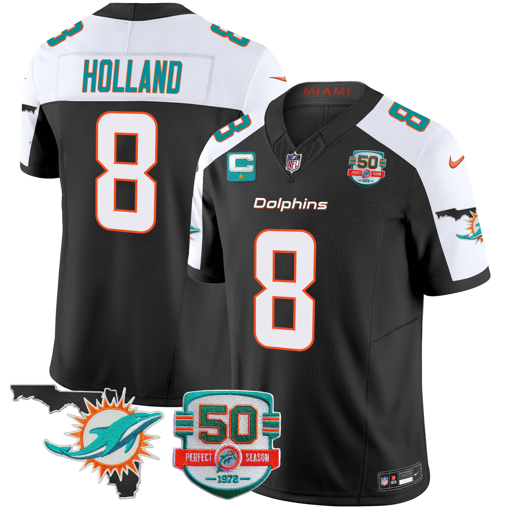 Jevon Holland Men's Miami Dolphins 50th Perfect Season & Florida Patch Vapor Black Alternate Jersey - All Stitched