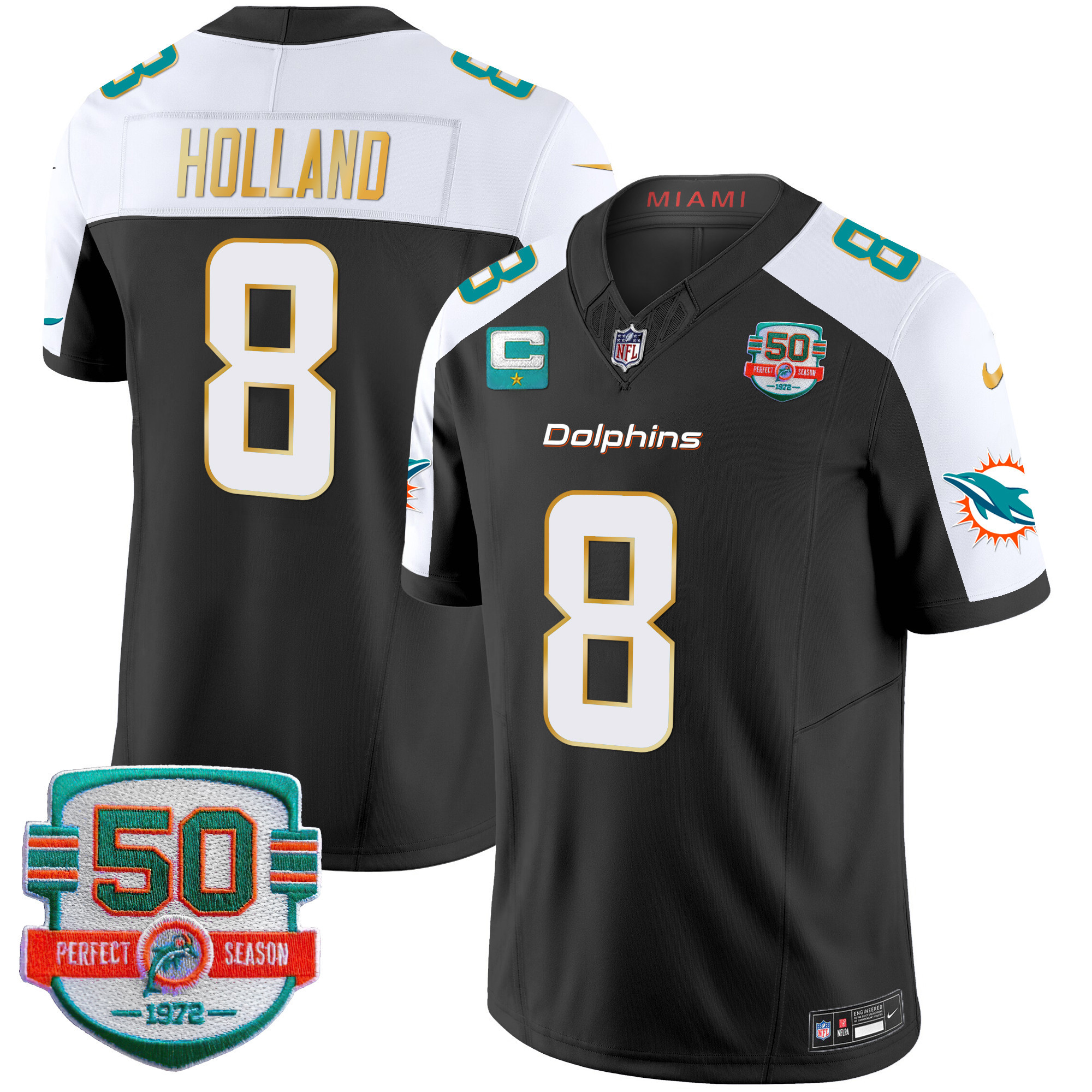 Jevon Holland Men's Miami Dolphins Gold Trim Vapor Limited Black Alternate Jersey - All Stitched