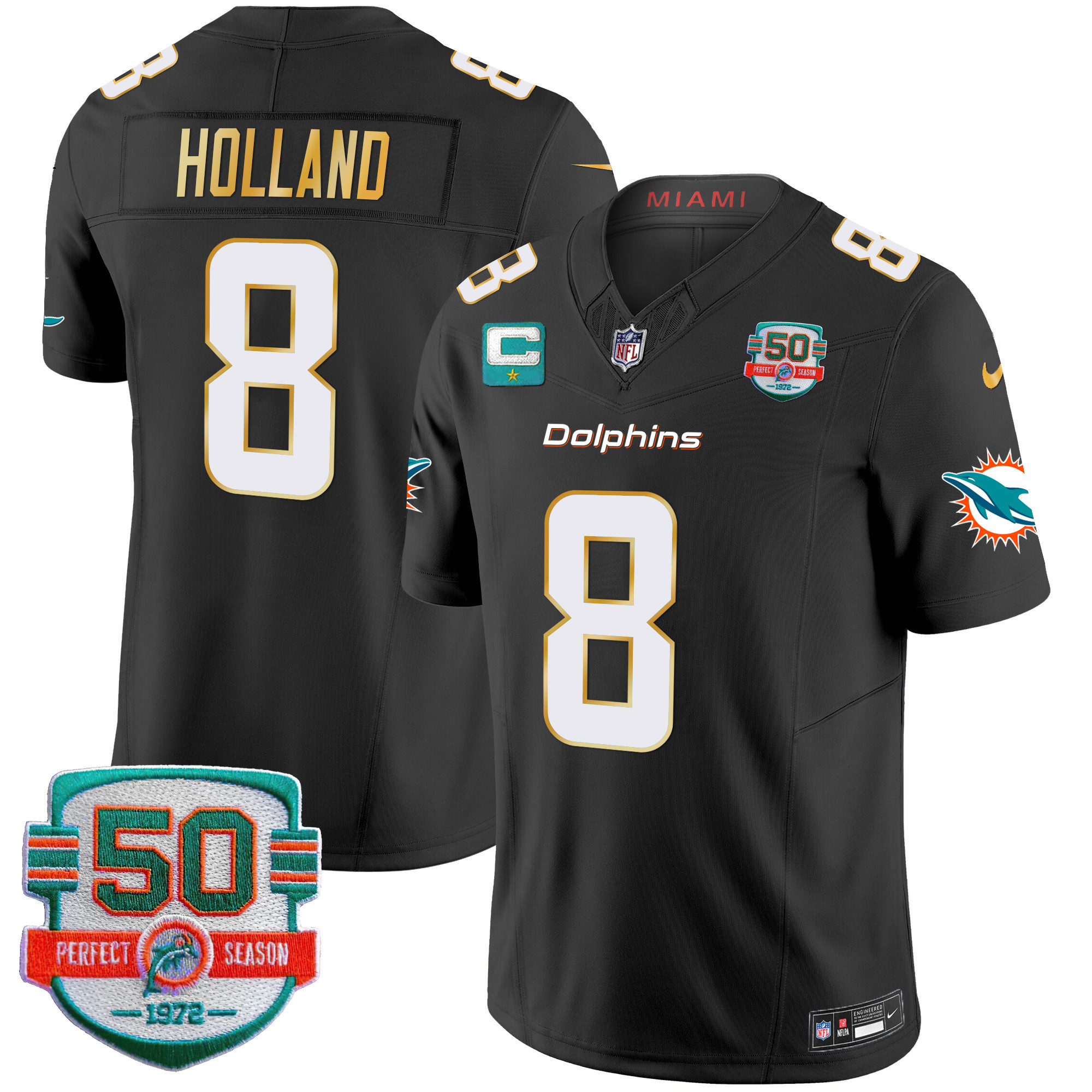 Jevon Holland Men's Miami Dolphins Gold Trim Vapor Limited Black Jersey - All Stitched