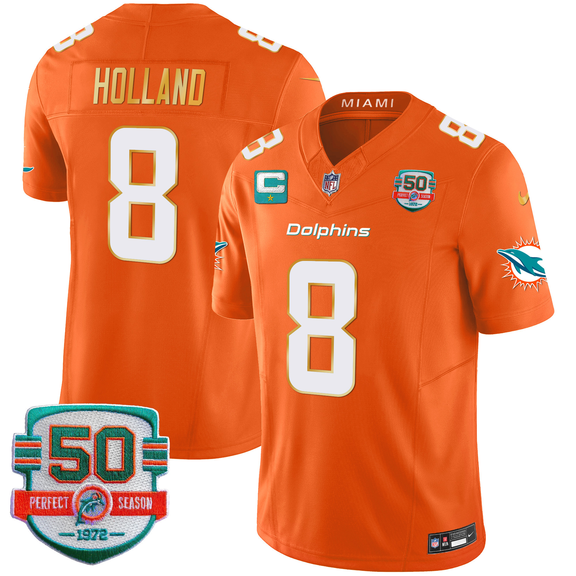 Jevon Holland Men's Miami Dolphins Gold Trim Vapor Limited Orange Jersey - All Stitched