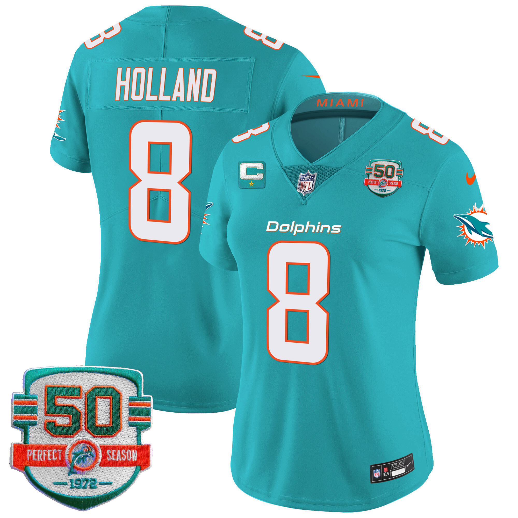 Jevon Holland Women's Miami Dolphins 50th 1972 Perfect Season Patch Vapor Aqua Jersey - All Stitched
