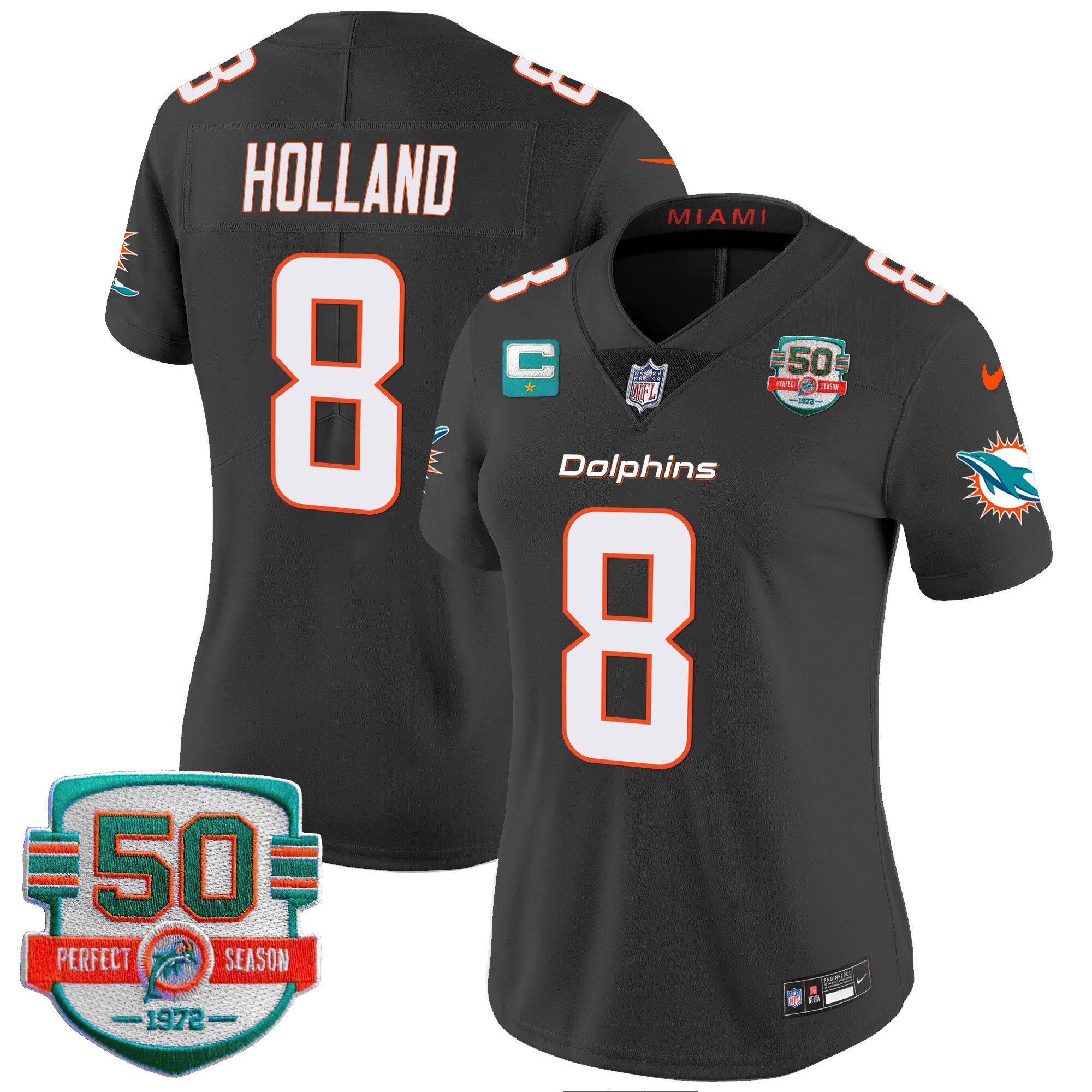 Jevon Holland Women's Miami Dolphins 50th 1972 Perfect Season Patch Vapor Black Jersey - All Stitched