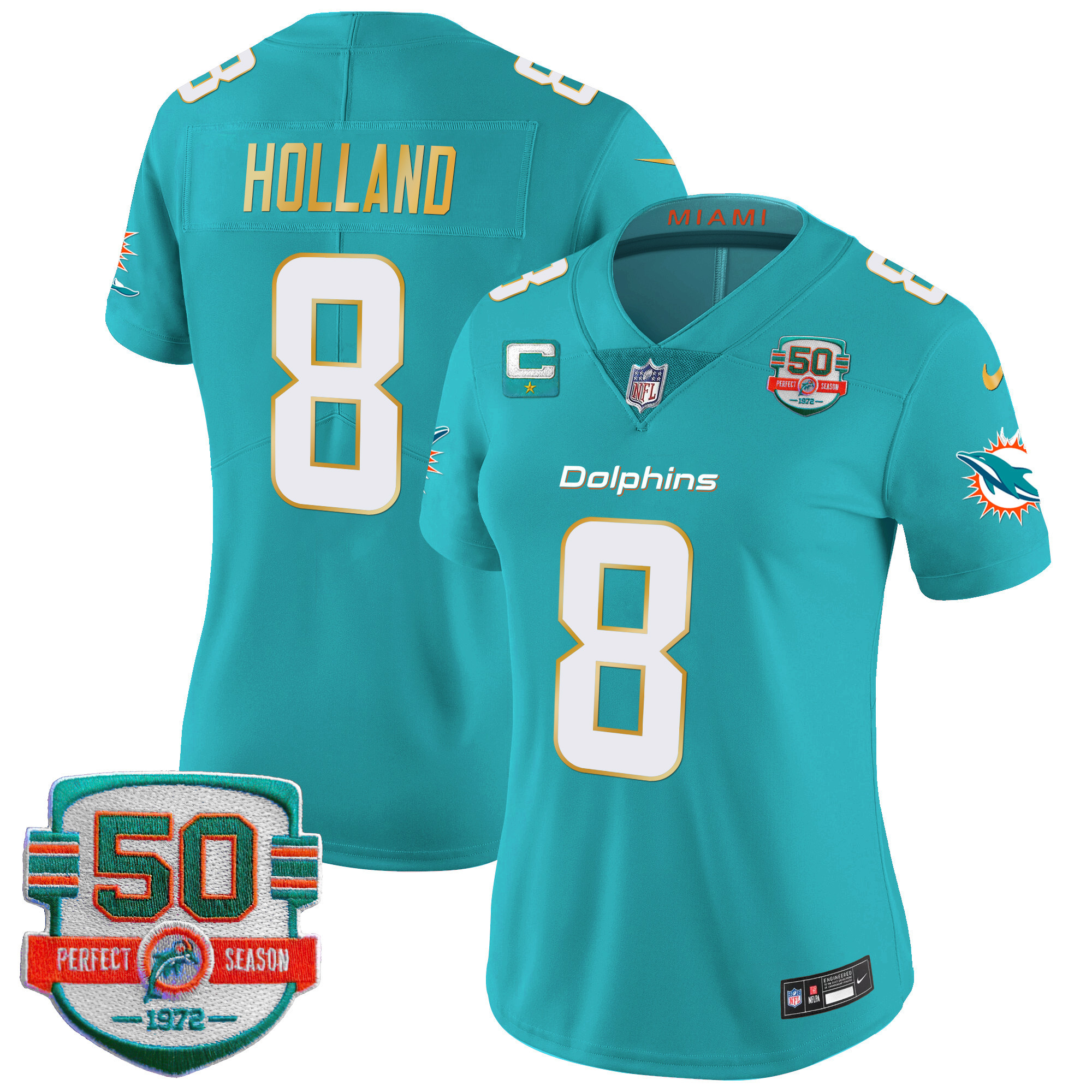 Jevon Holland Women's Miami Dolphins Gold Trim Vapor Limited Aqua Jersey - All Stitched