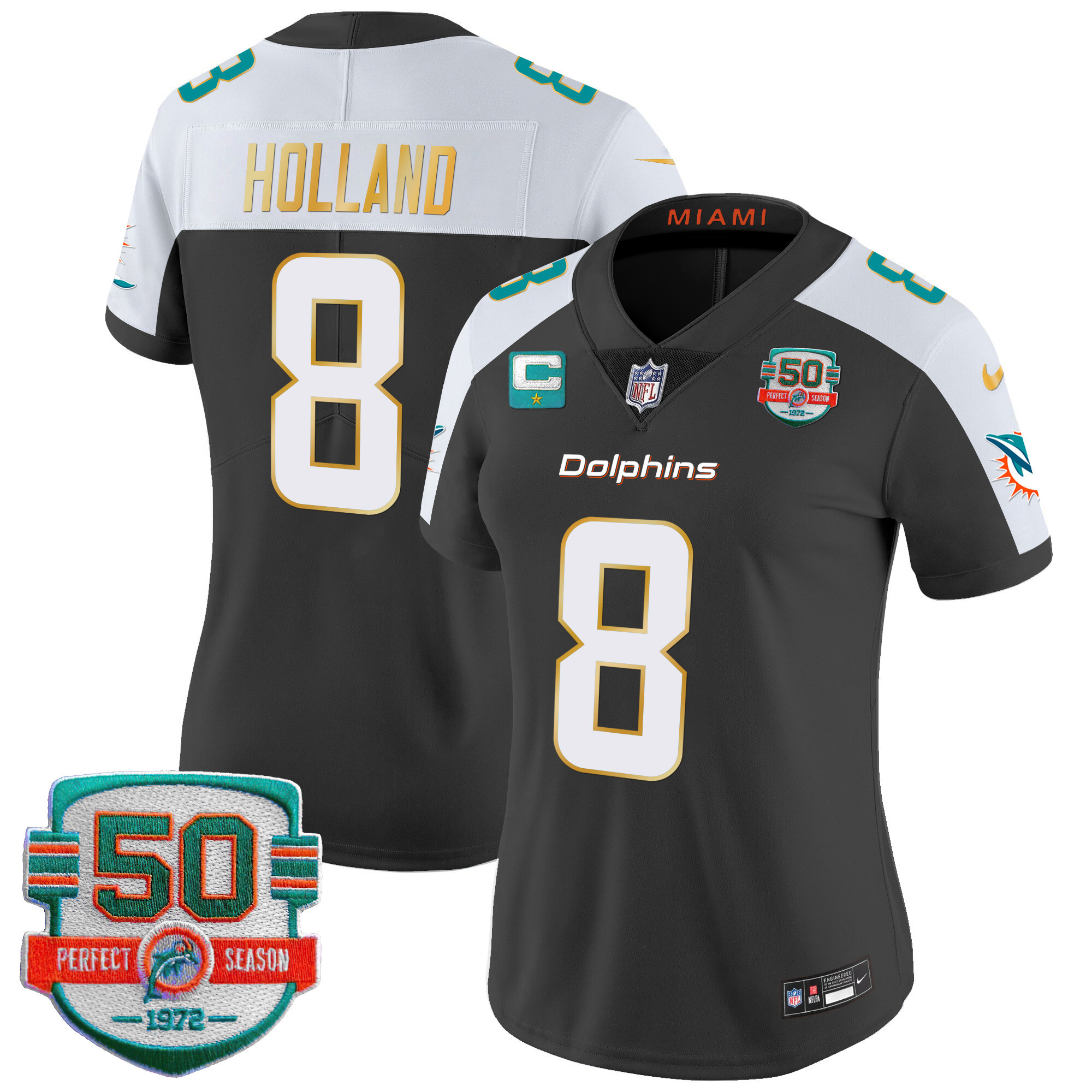 Jevon Holland Women's Miami Dolphins Gold Trim Vapor Limited Black Alternate Jersey - All Stitched