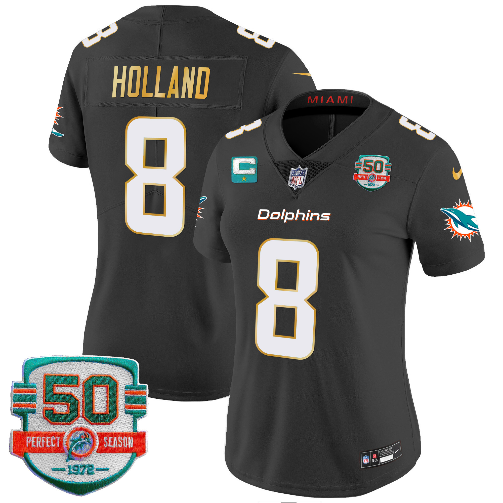 Jevon Holland Women's Miami Dolphins Gold Trim Vapor Limited Black Jersey - All Stitched