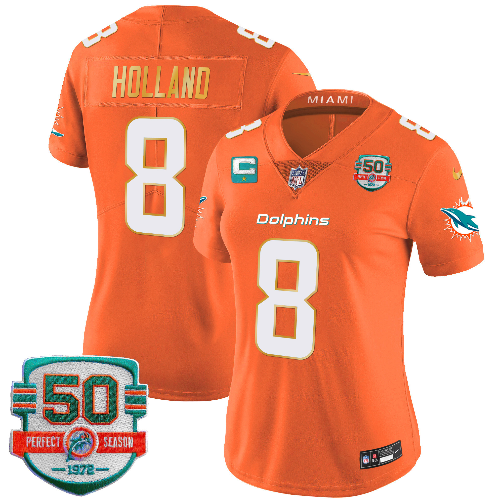 Jevon Holland Women's Miami Dolphins Gold Trim Vapor Limited Orange Jersey - All Stitched