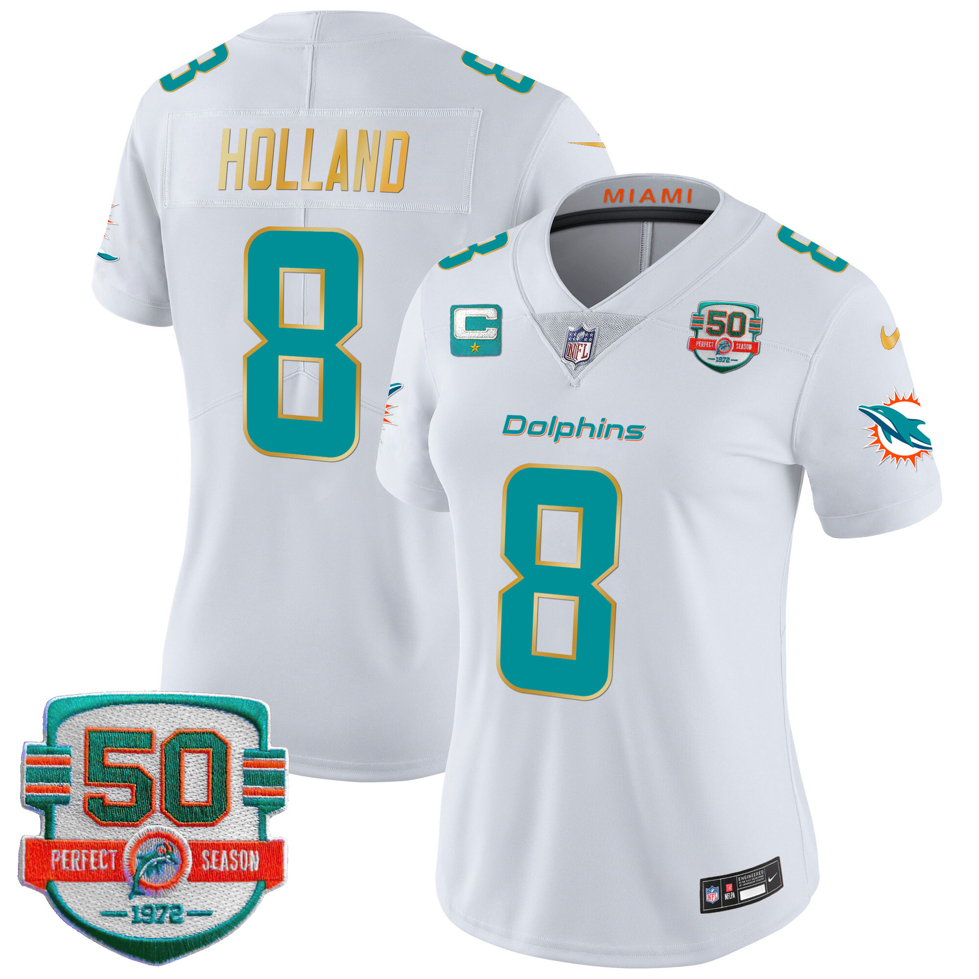 Jevon Holland Women's Miami Dolphins Gold Trim Vapor Limited White Jersey - All Stitched