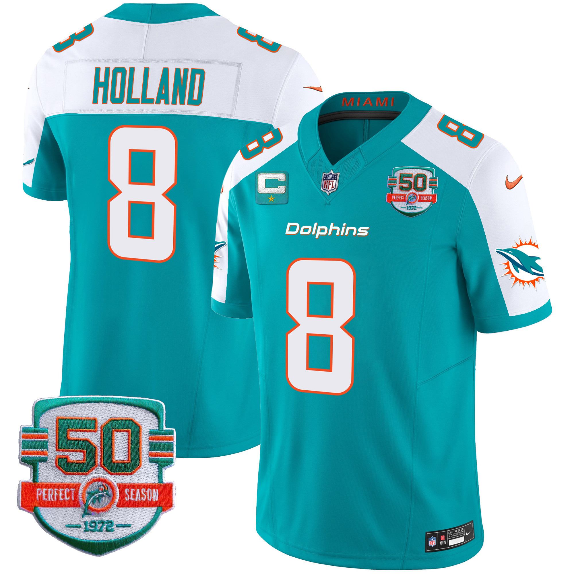 Jevon Holland Youth's Miami Dolphins 50th 1972 Perfect Season Patch Vapor Aqua Alternate Jersey - All Stitched