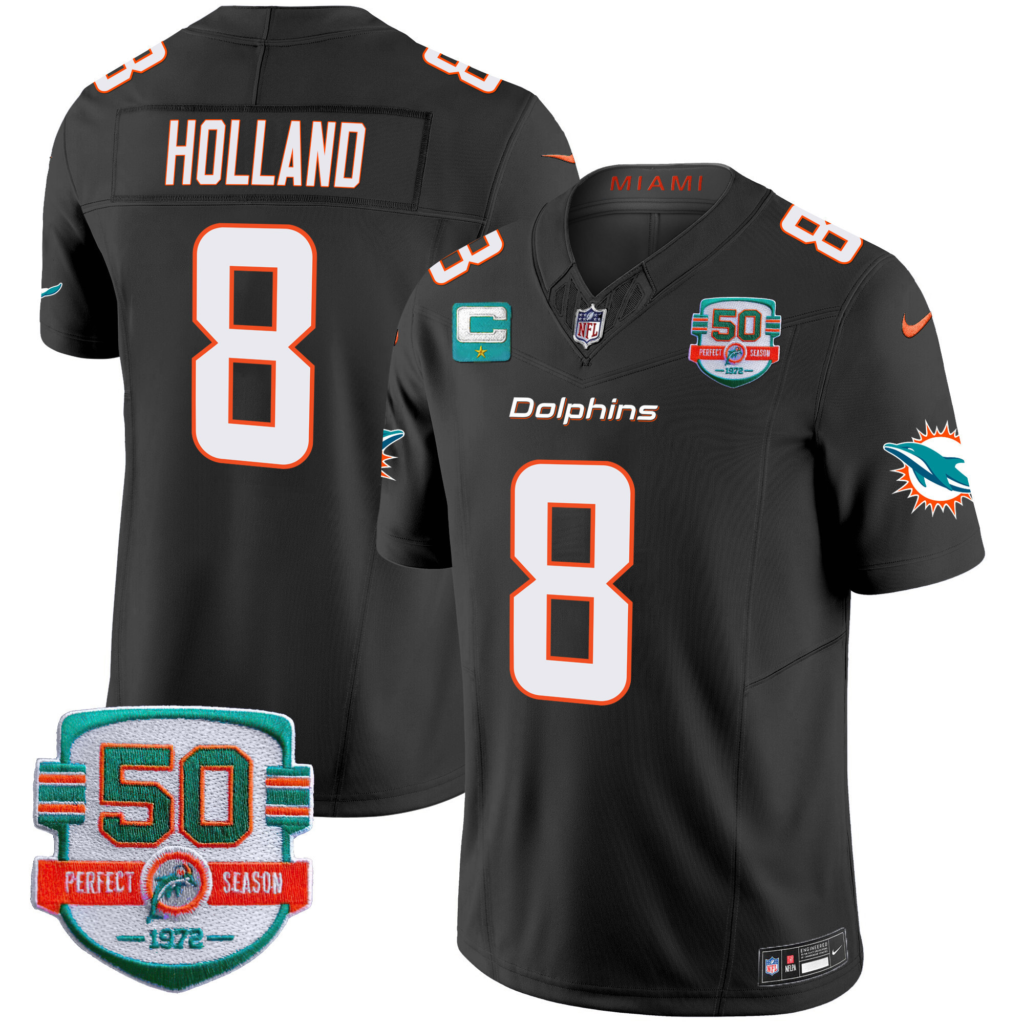 Jevon Holland Youth's Miami Dolphins 50th 1972 Perfect Season Patch Vapor Black Jersey - All Stitched