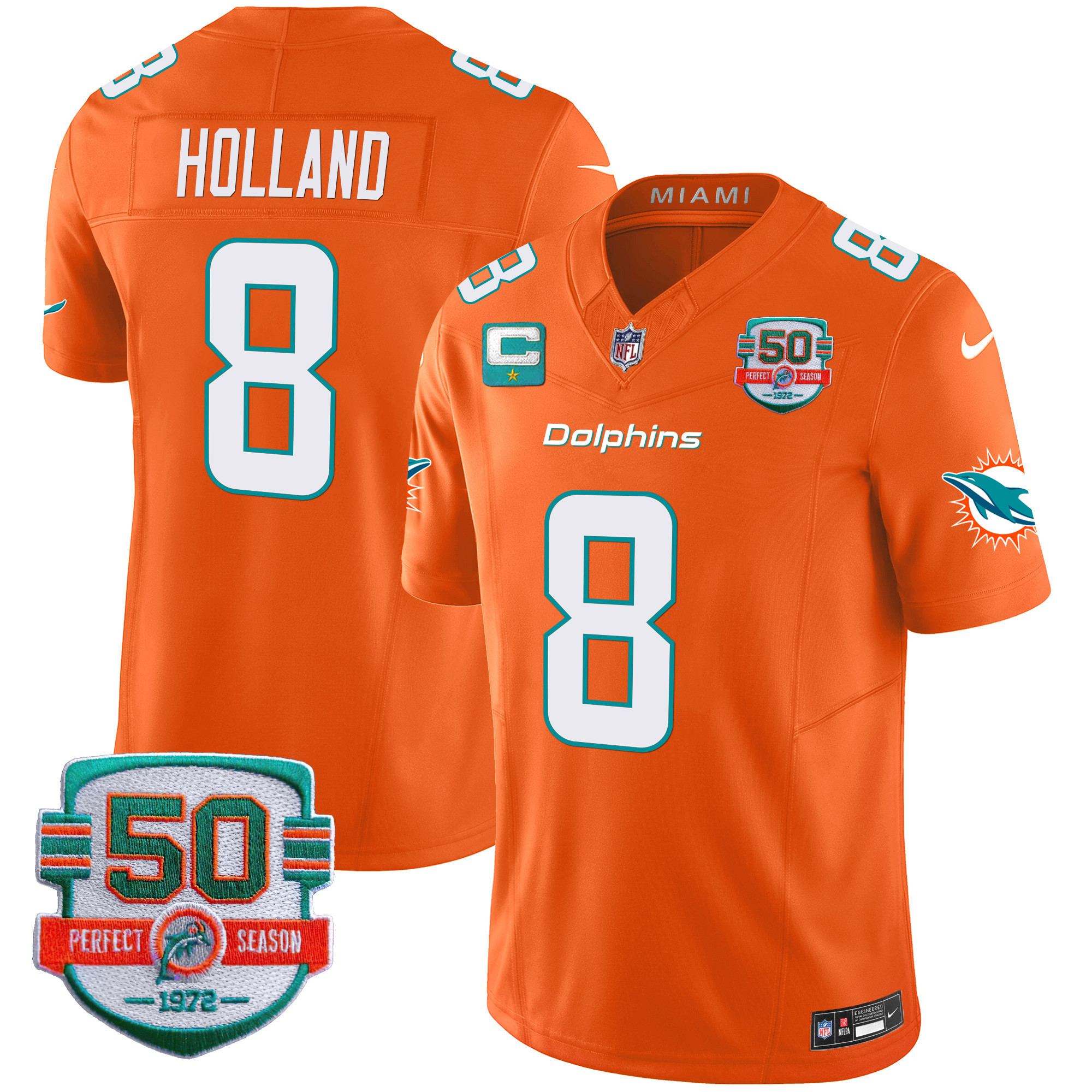 Jevon Holland Youth's Miami Dolphins 50th 1972 Perfect Season Patch Vapor Orange Jersey - All Stitched