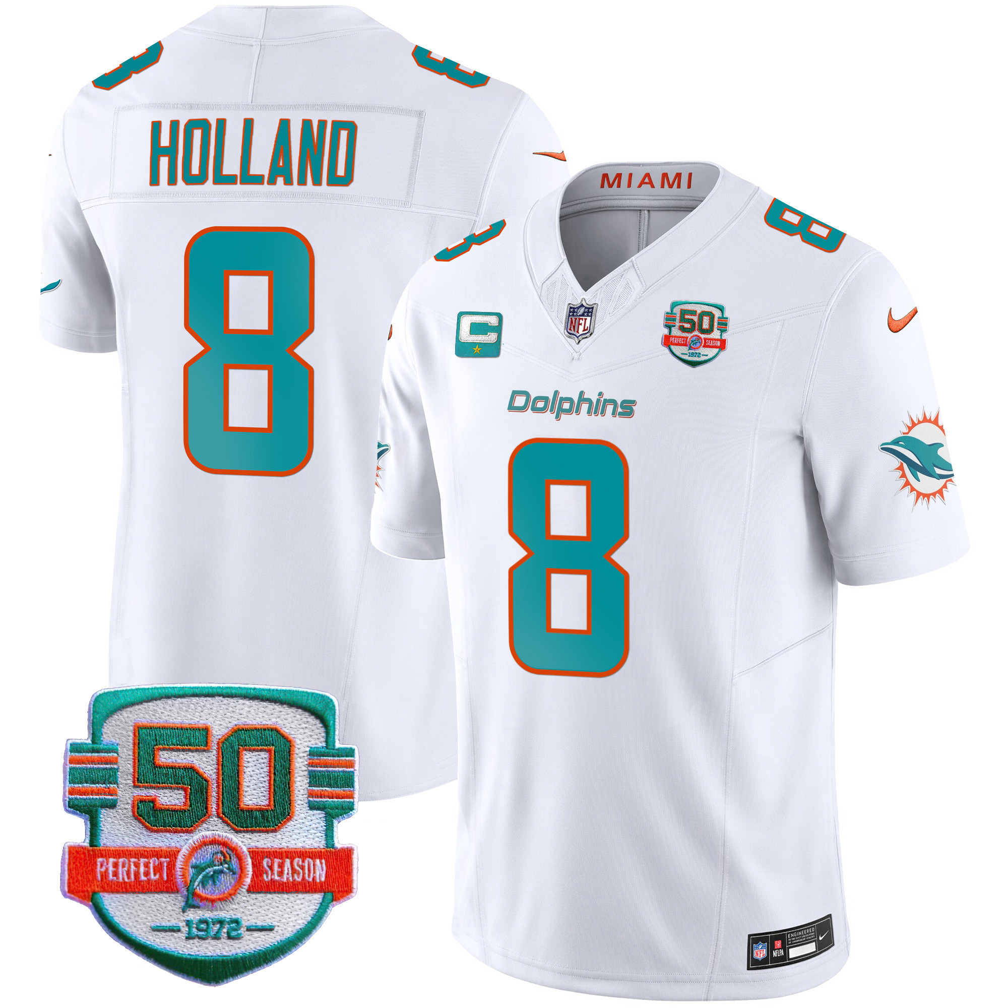 Jevon Holland Youth's Miami Dolphins 50th 1972 Perfect Season Patch Vapor White Jersey - All Stitched